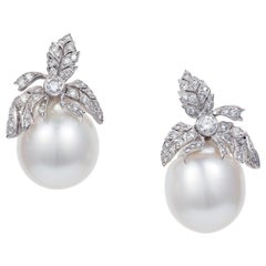 Manpriya B South Sea Pearl and Diamond 18K White Gold Leaf Drop Earrings
