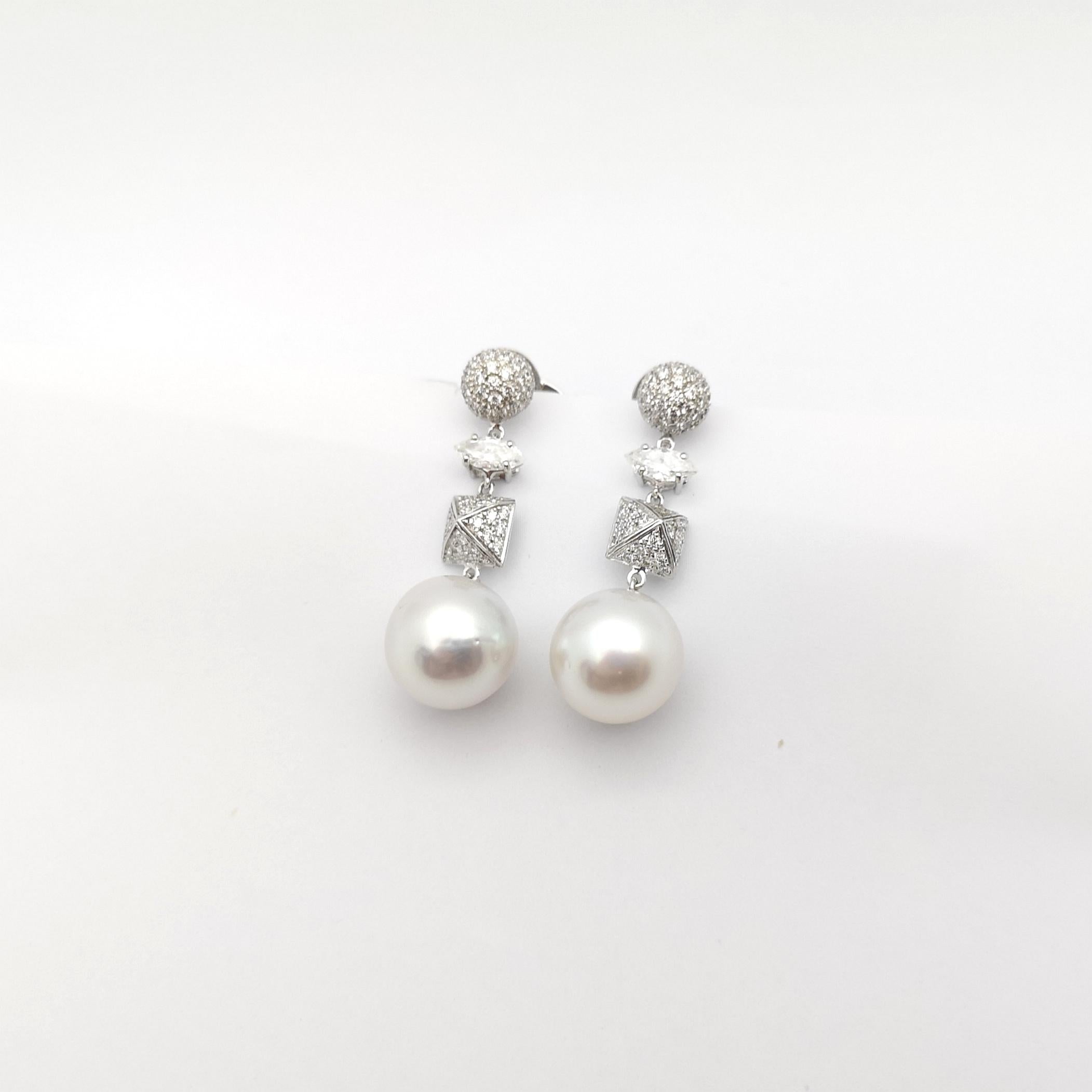 Contemporary South Sea Pearl and Diamond Earrings set in 18K White Gold Settings For Sale