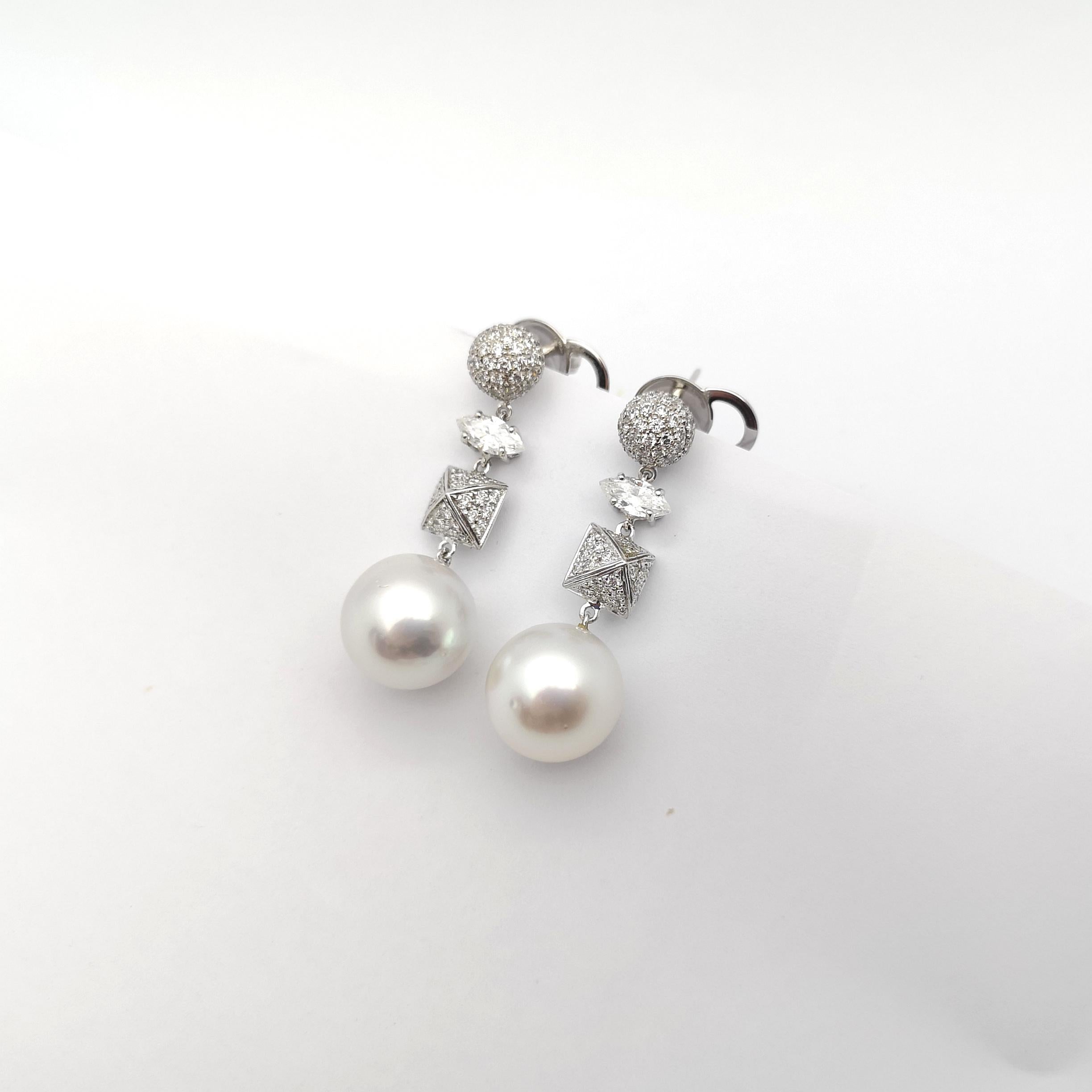 Brilliant Cut South Sea Pearl and Diamond Earrings set in 18K White Gold Settings For Sale