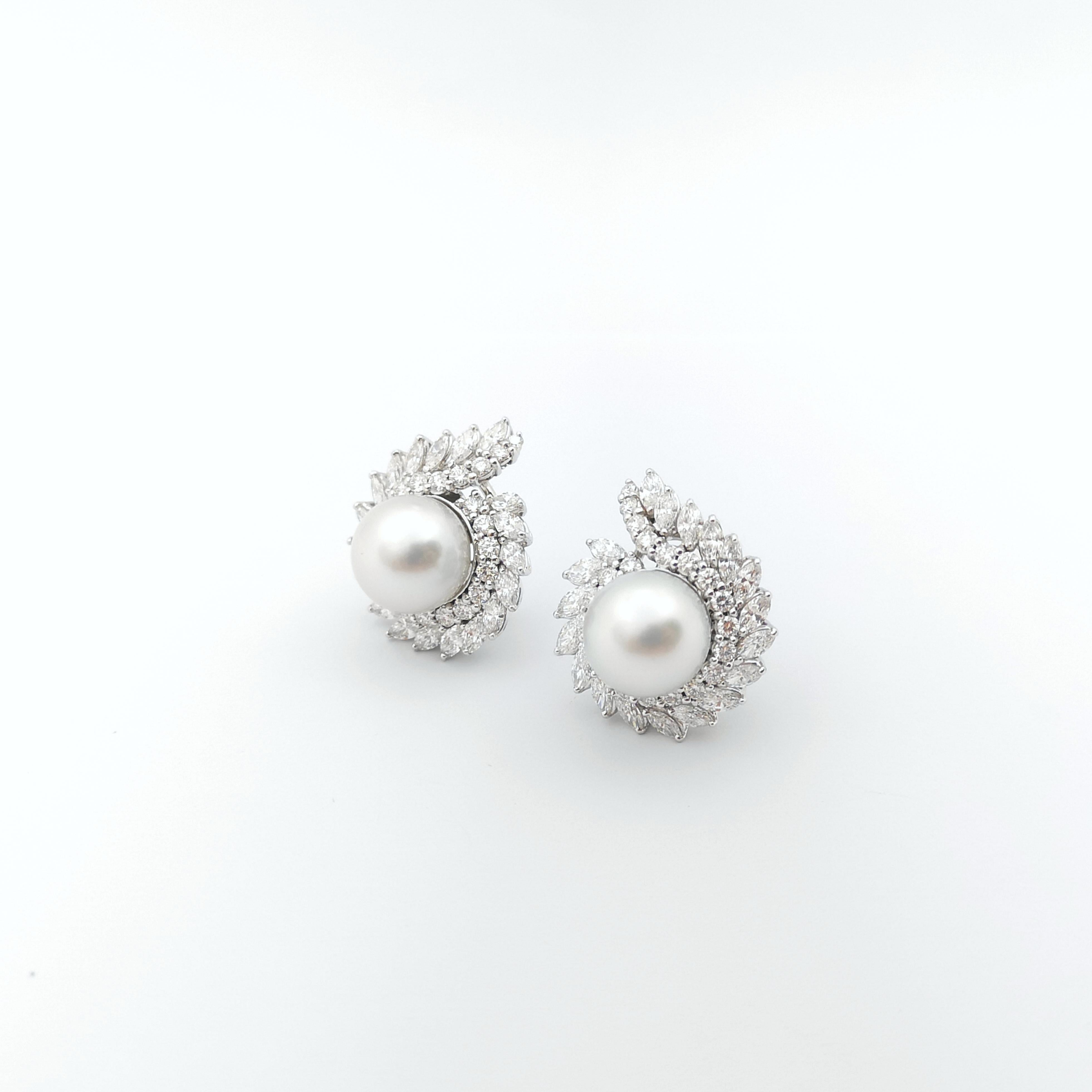 Women's South Sea Pearl and Diamond Earrings set in18K White Gold Settings For Sale