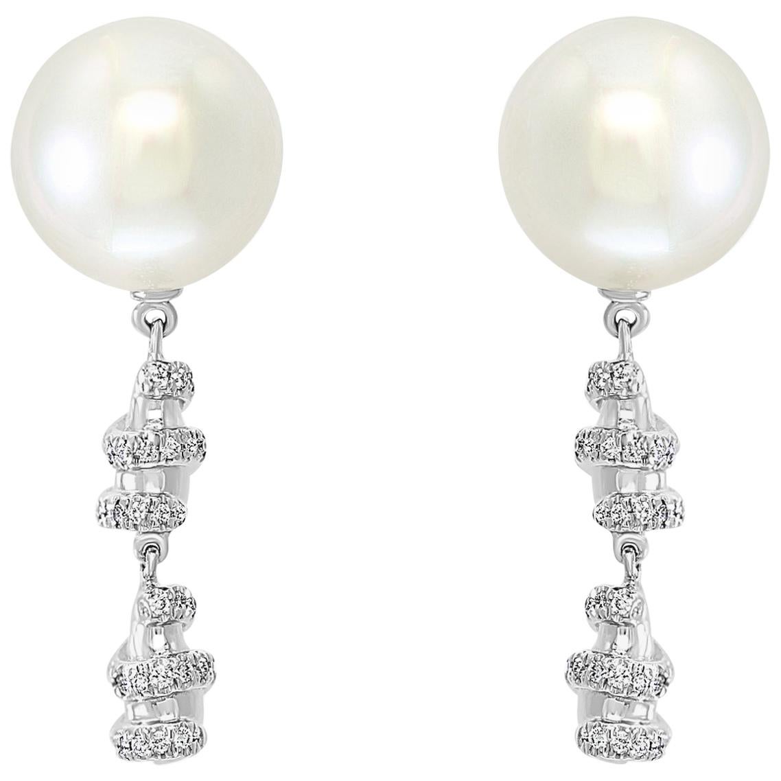 South Sea Cultured Pearl and Diamond Earrings with 14 Karat White Gold For Sale