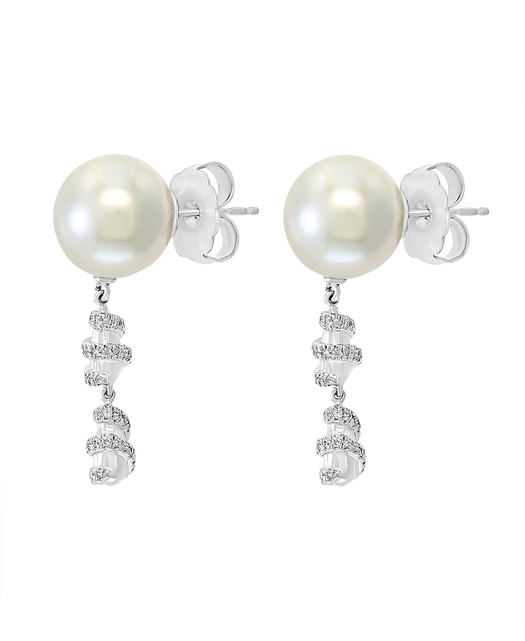 Contemporary South Sea Cultured Pearl and Diamond Earrings with 14 Karat White Gold For Sale