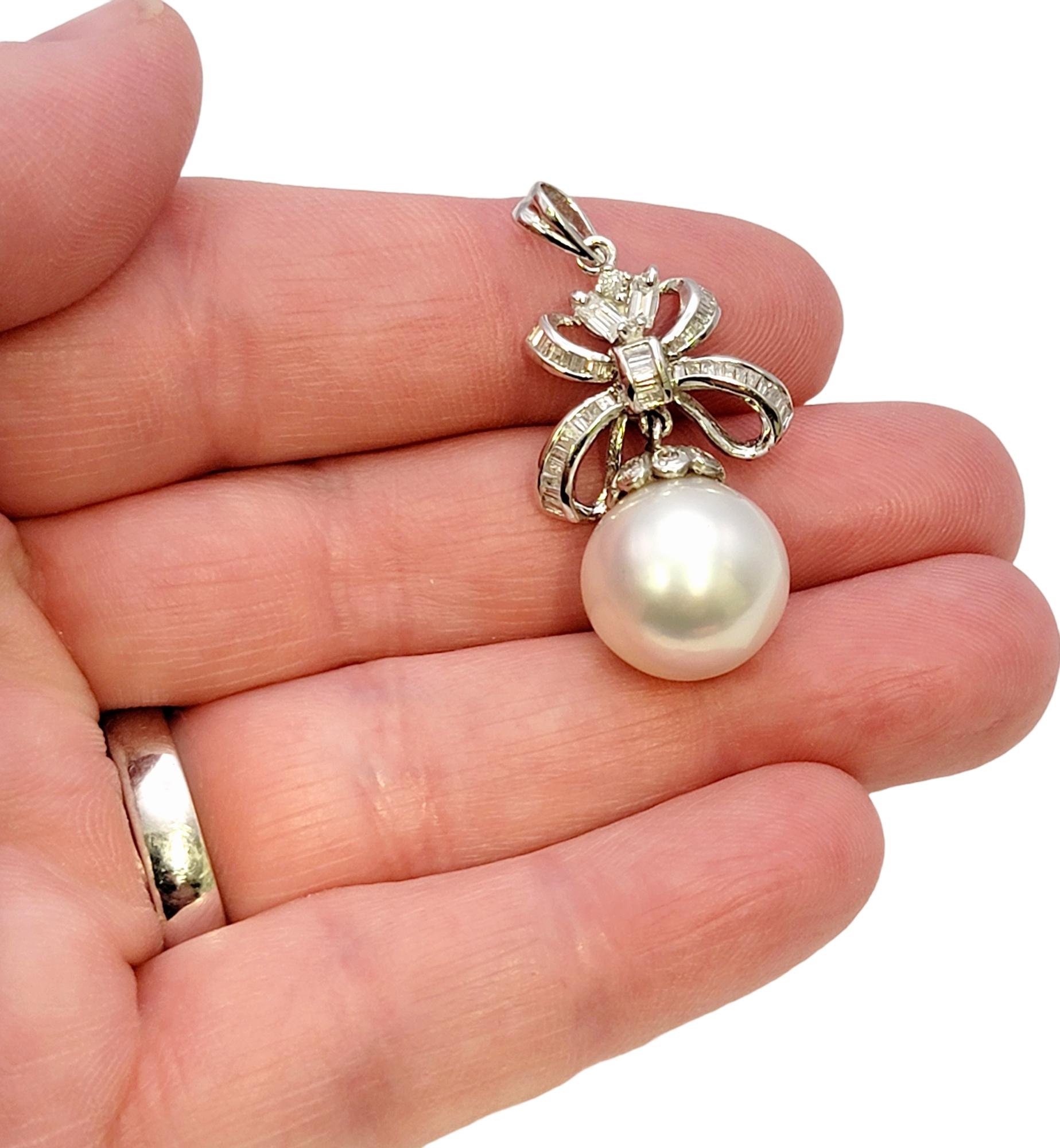 South Sea Pearl and Diamond Embellished Bow Dangle Pendant 14 Karat White Gold For Sale 2