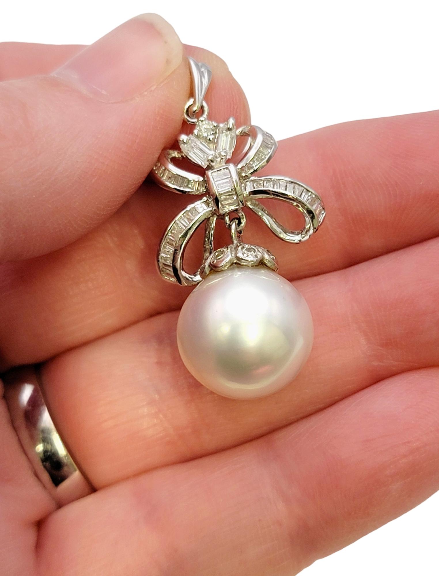 South Sea Pearl and Diamond Embellished Bow Dangle Pendant 14 Karat White Gold For Sale 3