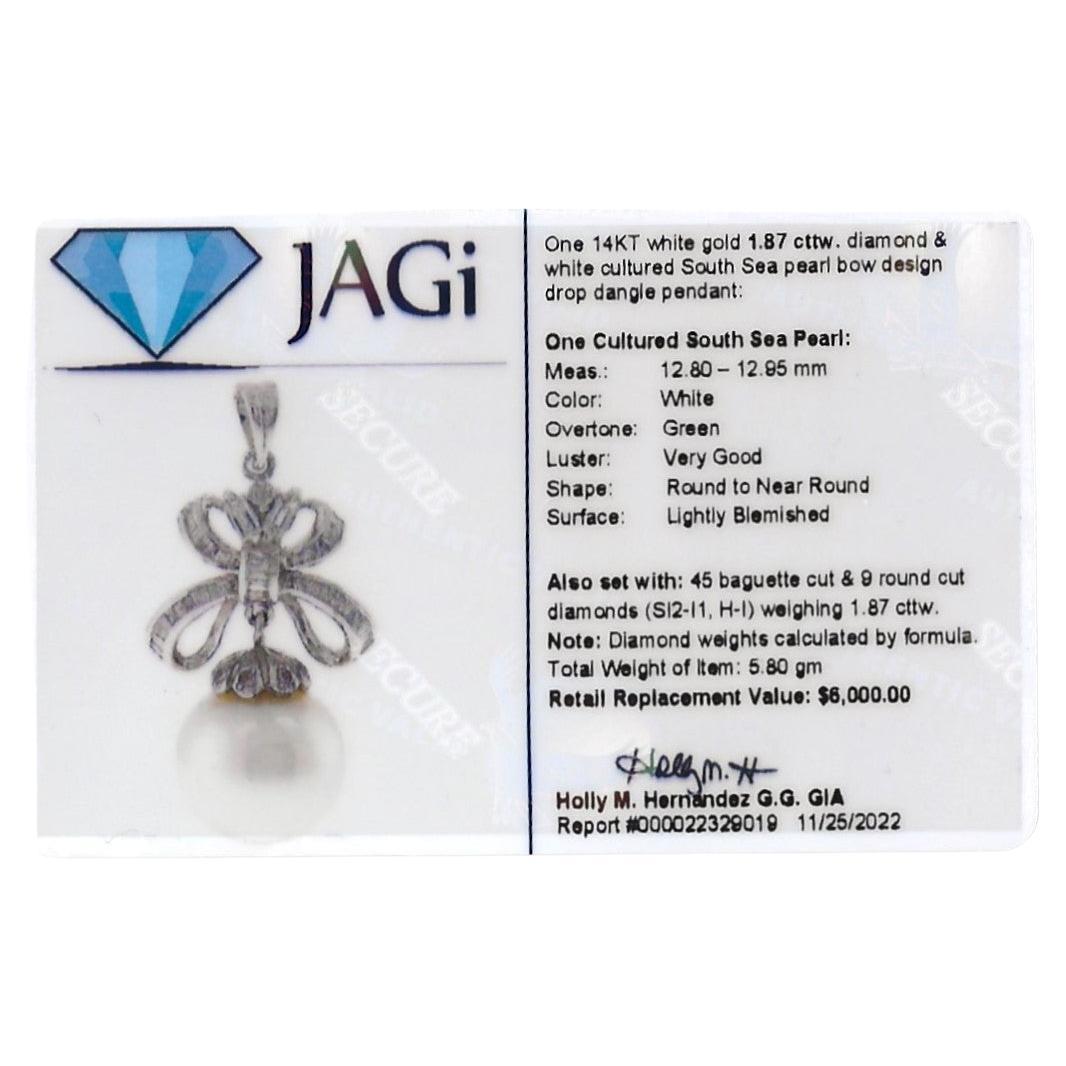 South Sea Pearl and Diamond Embellished Bow Dangle Pendant 14 Karat White Gold For Sale 6