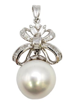 South Sea Pearl and Diamond Embellished Bow Dangle Pendant 14 Karat White Gold