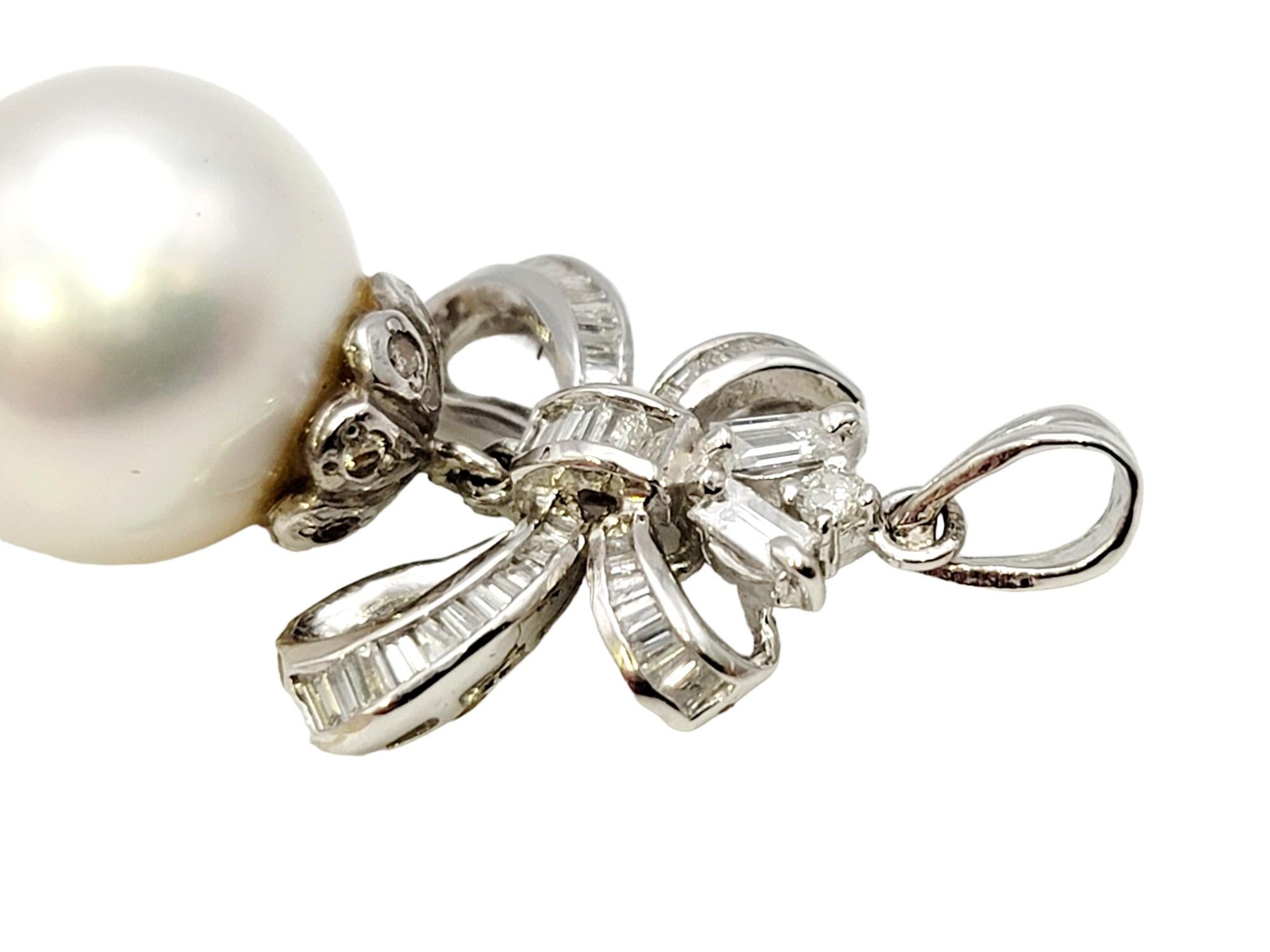 Contemporary South Sea Pearl and Diamond Embellished Bow Dangle Pendant 14 Karat White Gold For Sale