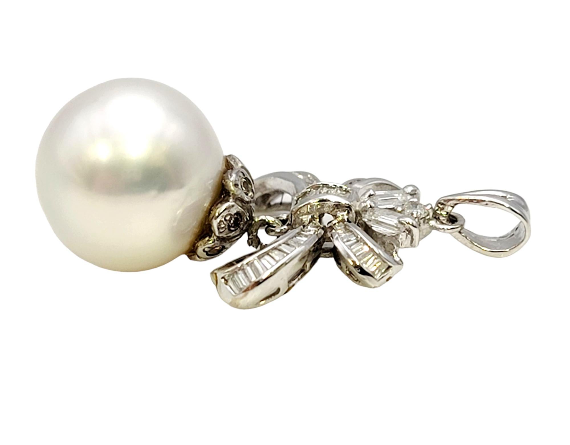Round Cut South Sea Pearl and Diamond Embellished Bow Dangle Pendant 14 Karat White Gold For Sale