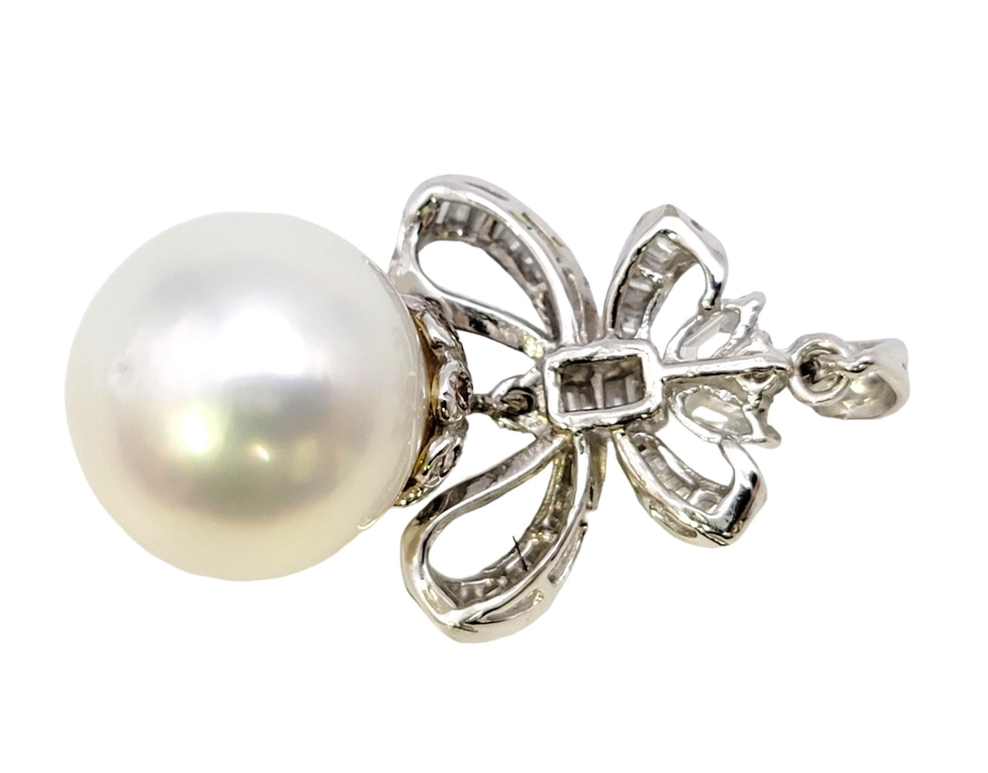 South Sea Pearl and Diamond Embellished Bow Dangle Pendant 14 Karat White Gold In Excellent Condition For Sale In Scottsdale, AZ