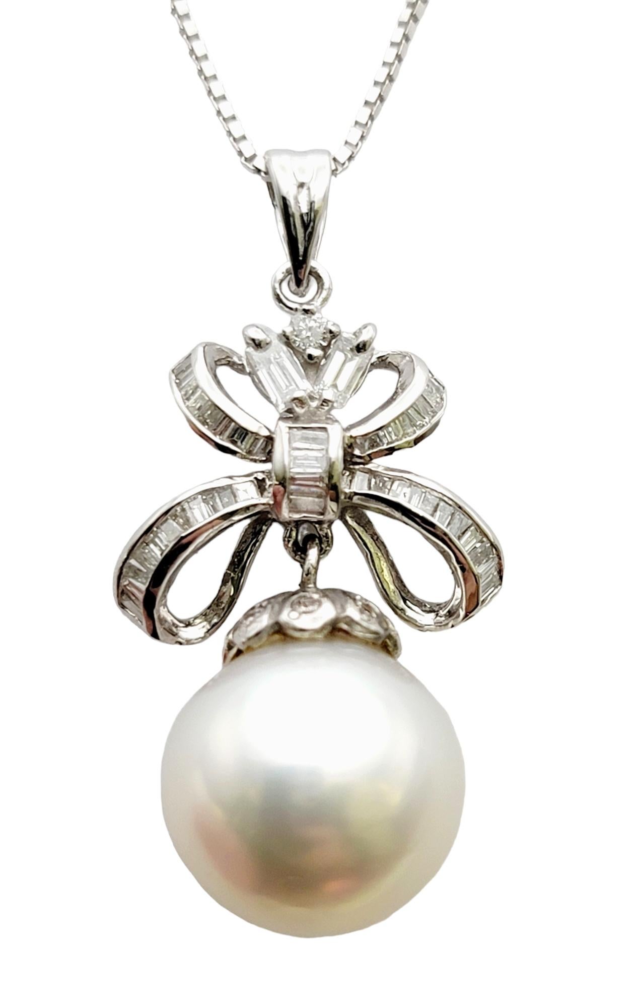 Women's South Sea Pearl and Diamond Embellished Bow Dangle Pendant 14 Karat White Gold For Sale