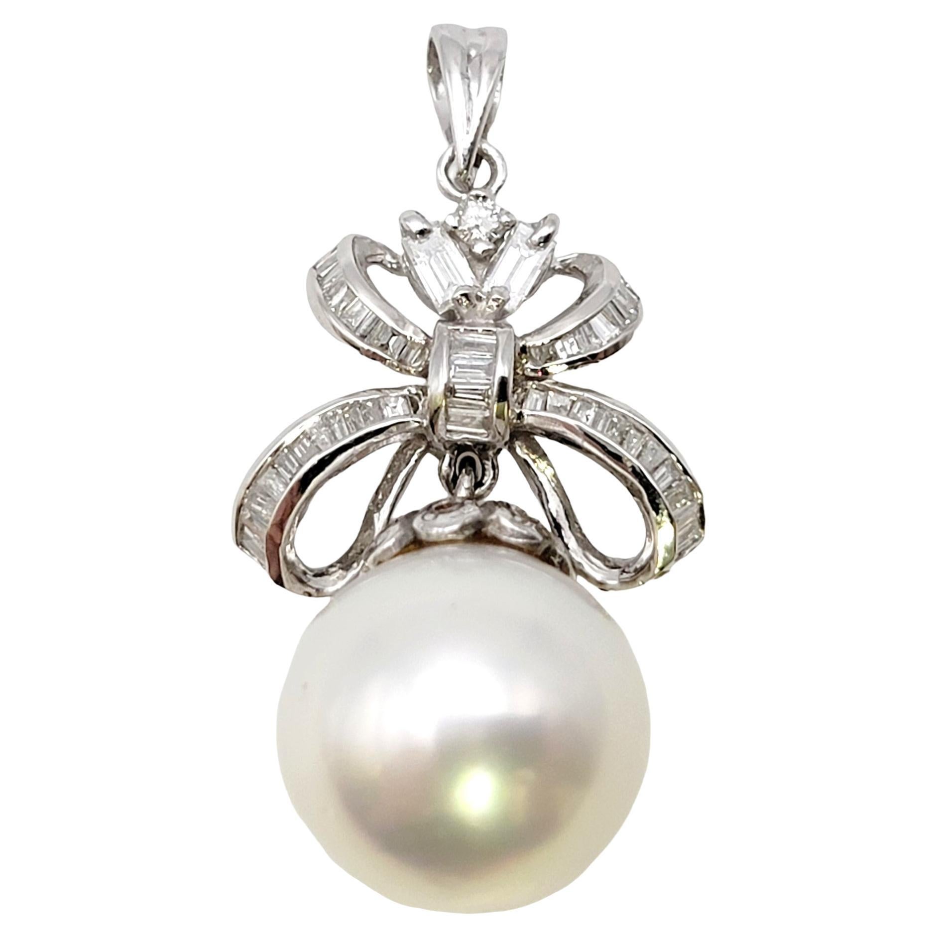 South Sea Pearl and Diamond Embellished Bow Dangle Pendant 14 Karat White Gold For Sale
