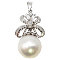 South Sea Pearl and Diamond Embellished Bow Dangle Pendant 14 Karat White Gold