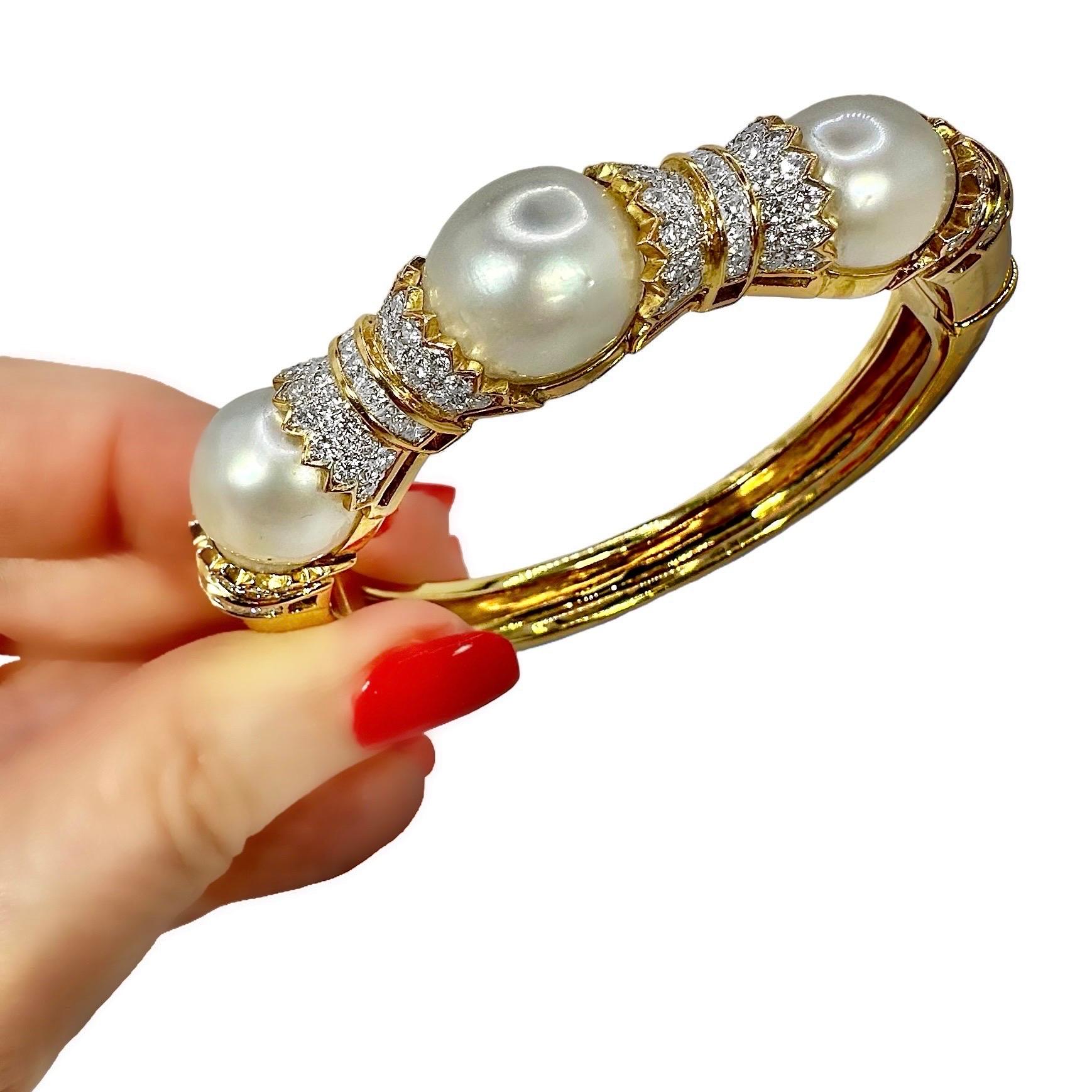South Sea Pearl and Diamond Encrusted 18K Yellow Gold Cuff Bracelet For Sale 6