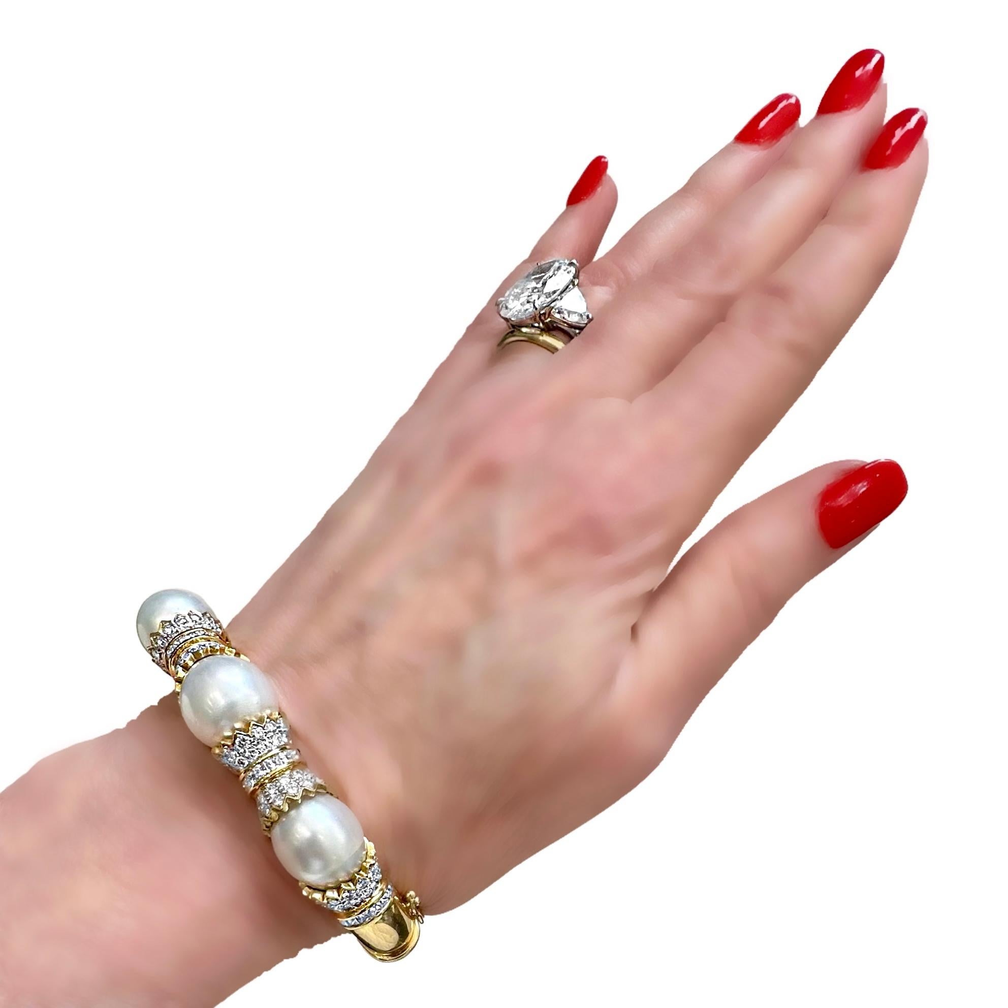 South Sea Pearl and Diamond Encrusted 18K Yellow Gold Cuff Bracelet For Sale 8