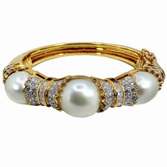 South Sea Pearl and Diamond Encrusted 18K Yellow Gold Cuff Bracelet