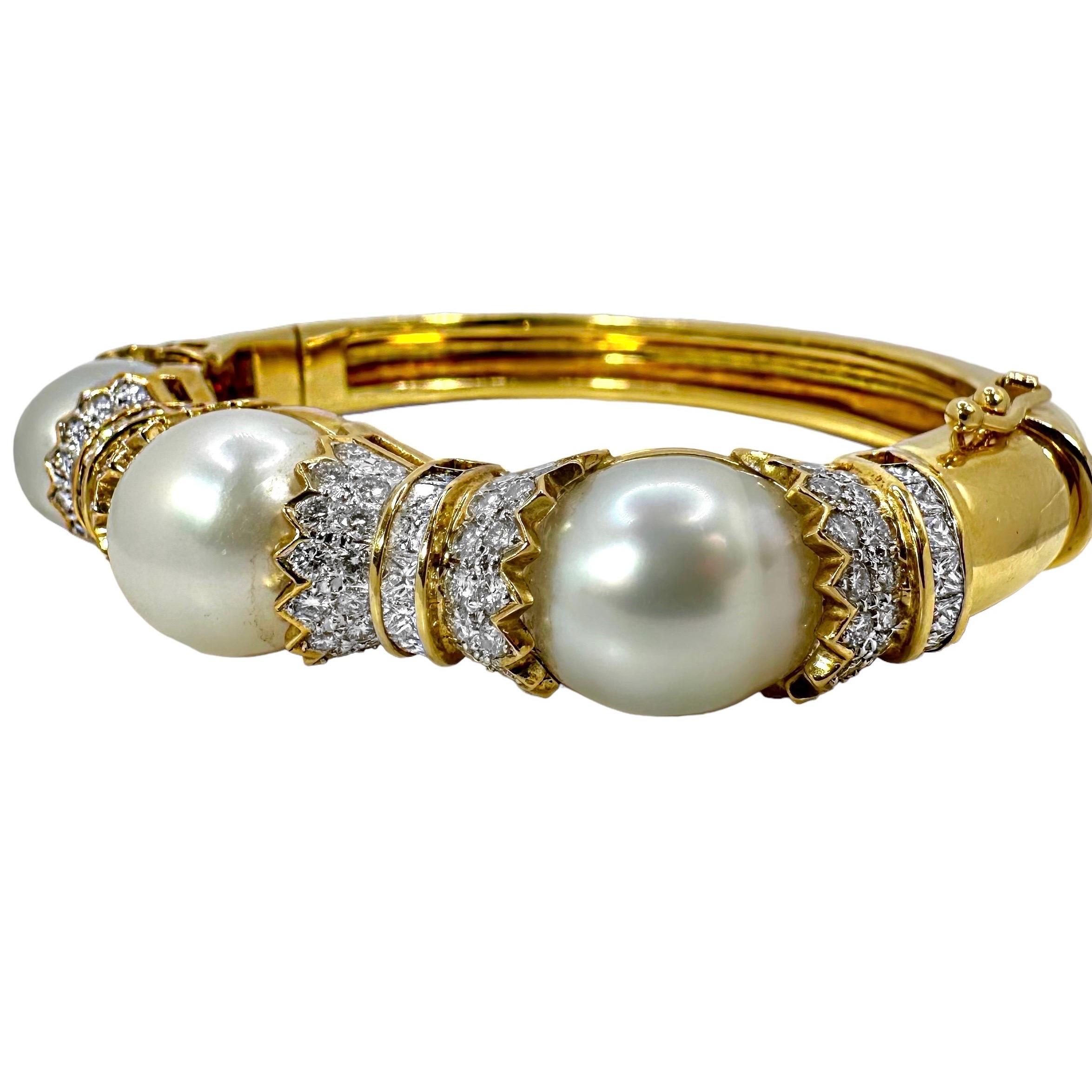 Modern South Sea Pearl and Diamond Encrusted 18K Yellow Gold Cuff Bracelet  For Sale