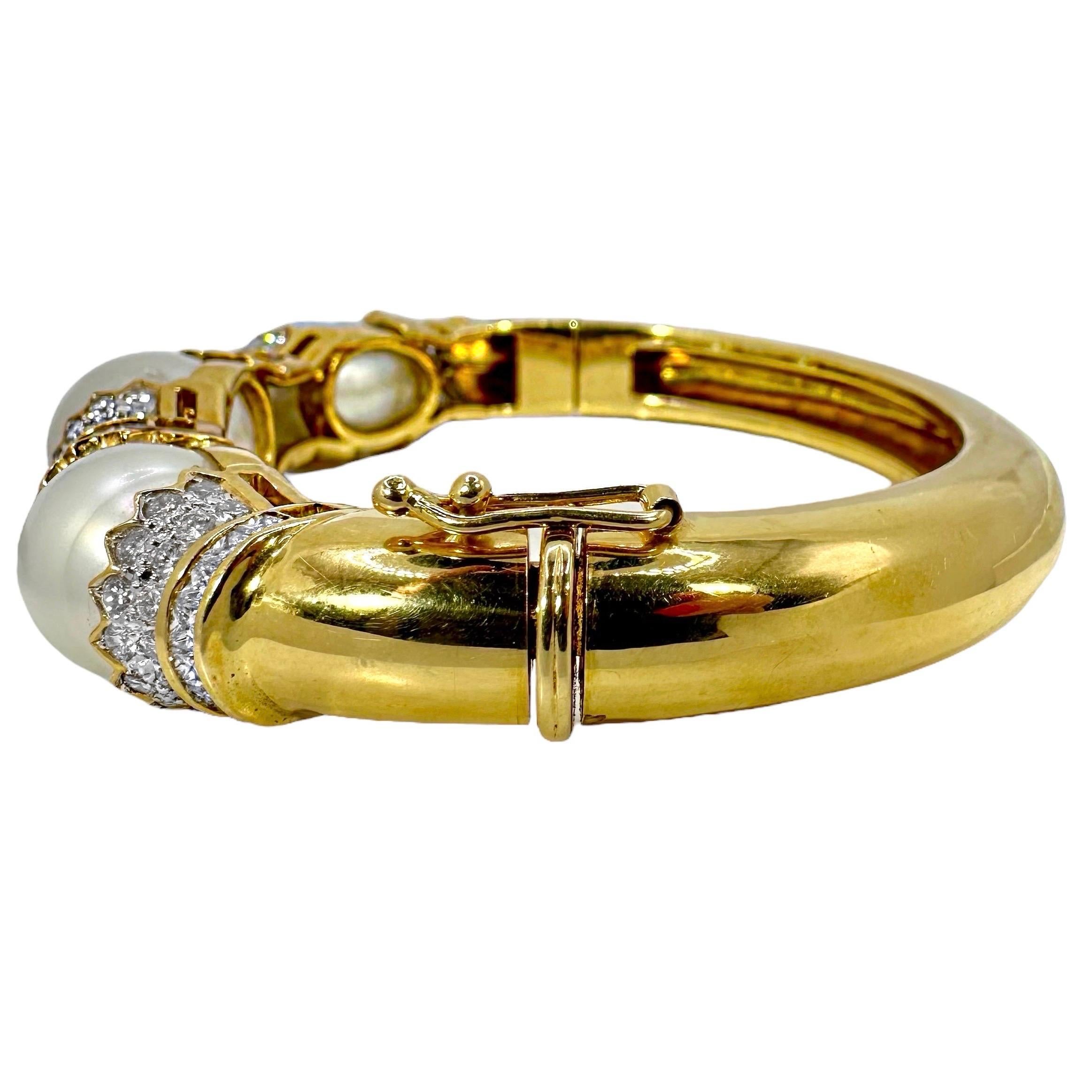 Brilliant Cut South Sea Pearl and Diamond Encrusted 18K Yellow Gold Cuff Bracelet For Sale