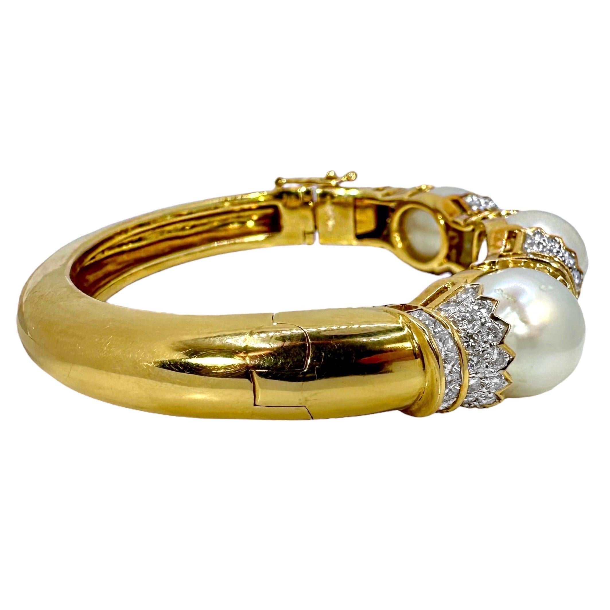 Women's South Sea Pearl and Diamond Encrusted 18K Yellow Gold Cuff Bracelet For Sale
