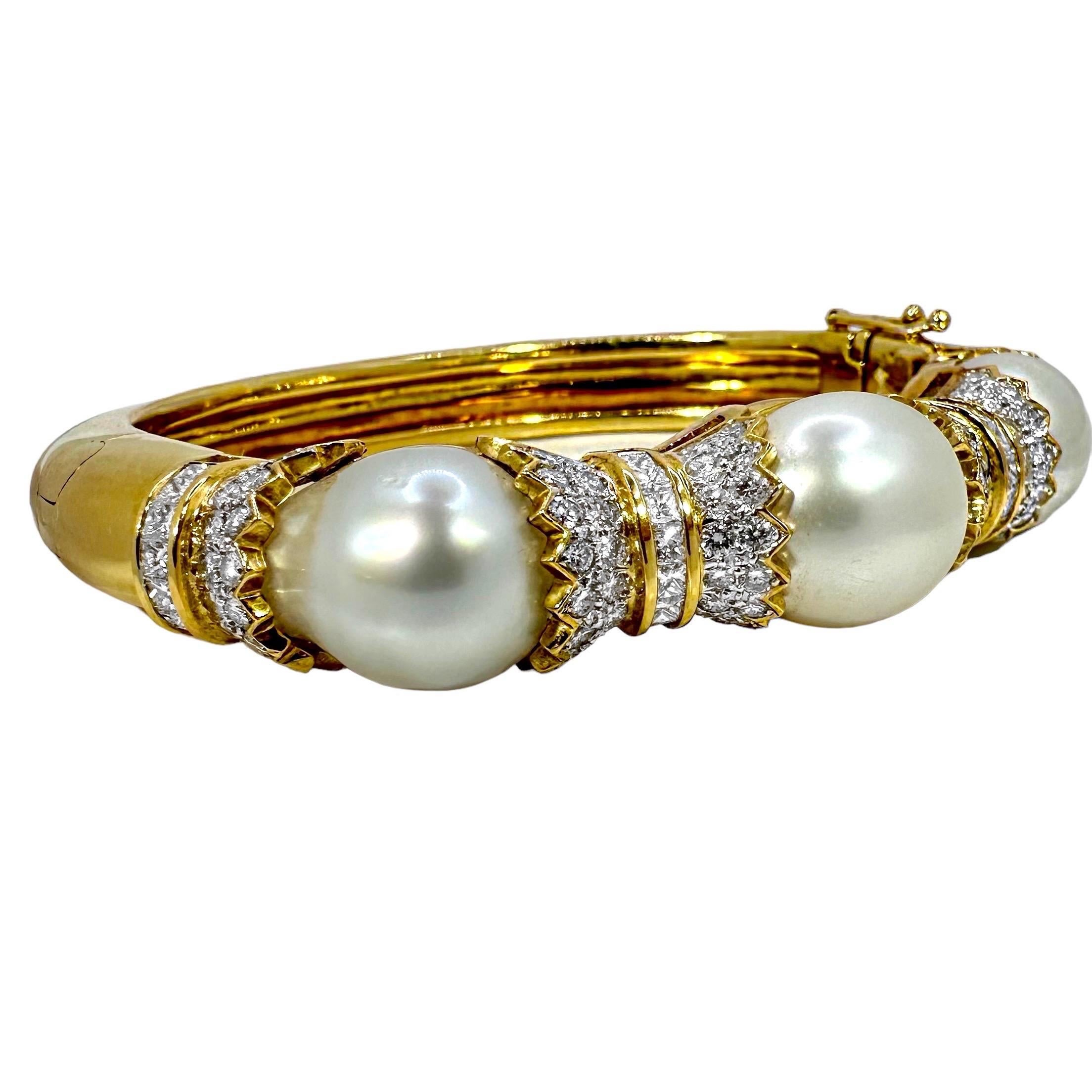 South Sea Pearl and Diamond Encrusted 18K Yellow Gold Cuff Bracelet For Sale 1
