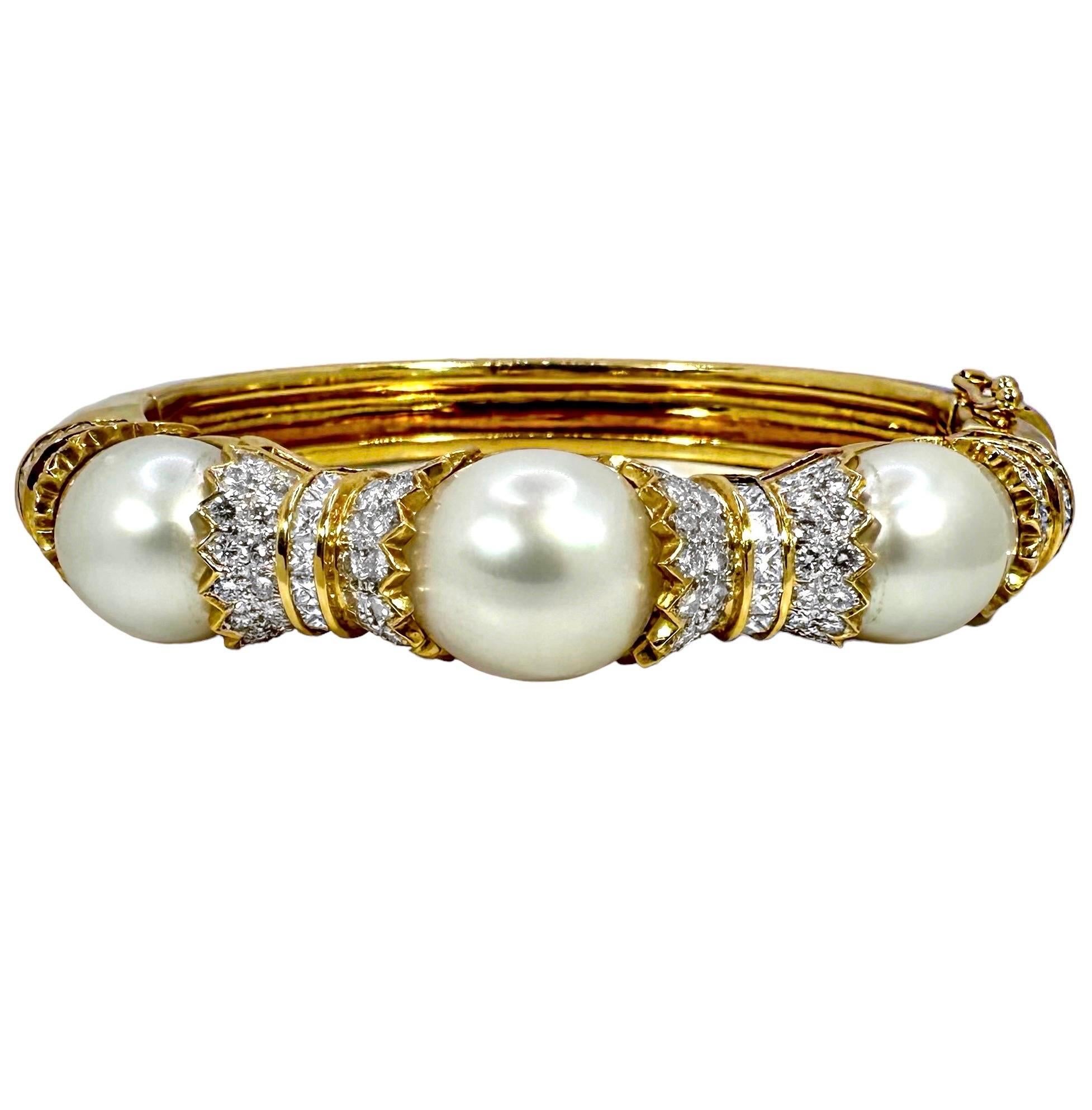 South Sea Pearl and Diamond Encrusted 18K Yellow Gold Cuff Bracelet For Sale 2