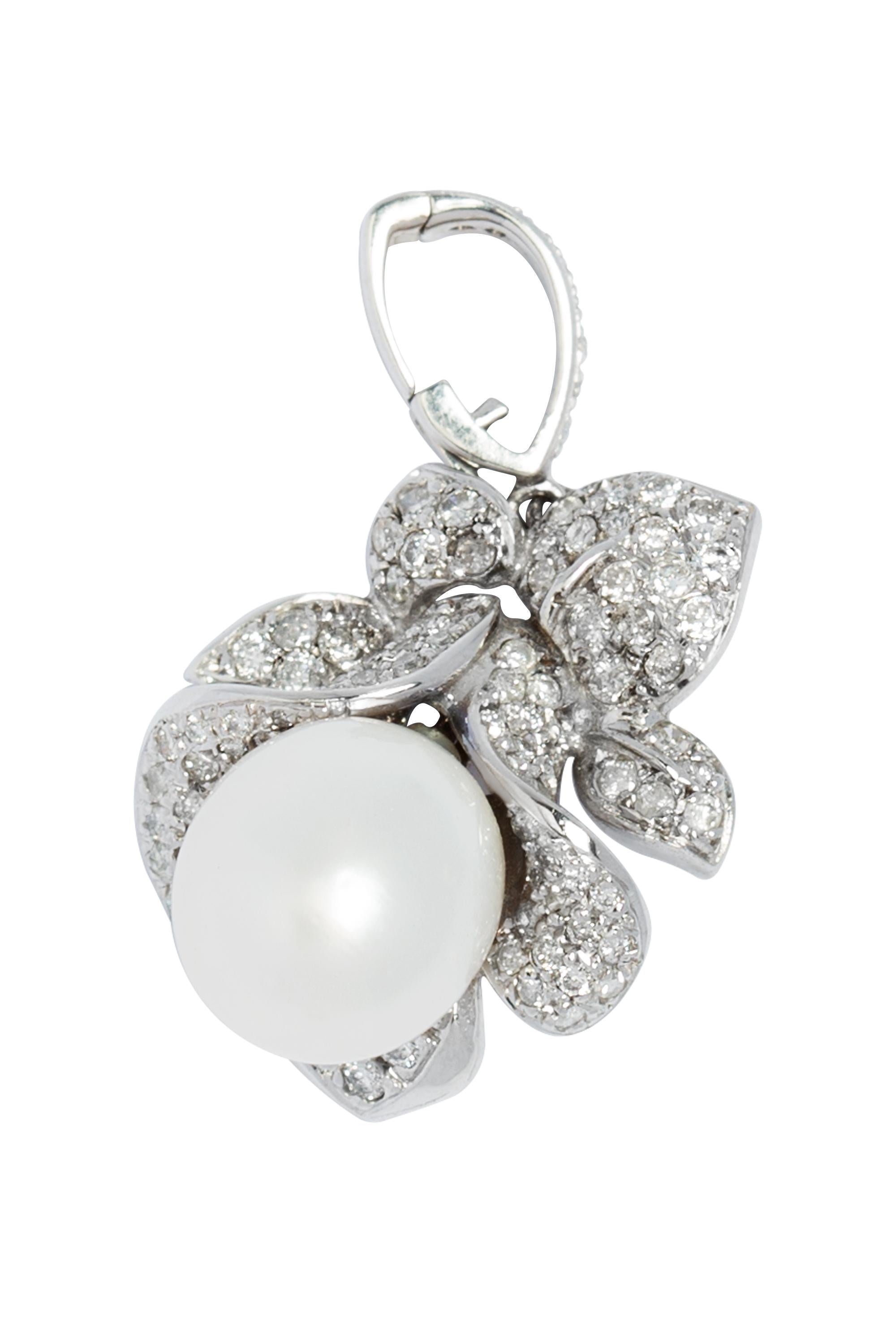 Round Cut South Sea Pearl and Diamond Enhancer Pendant and Clip Earrings Set For Sale