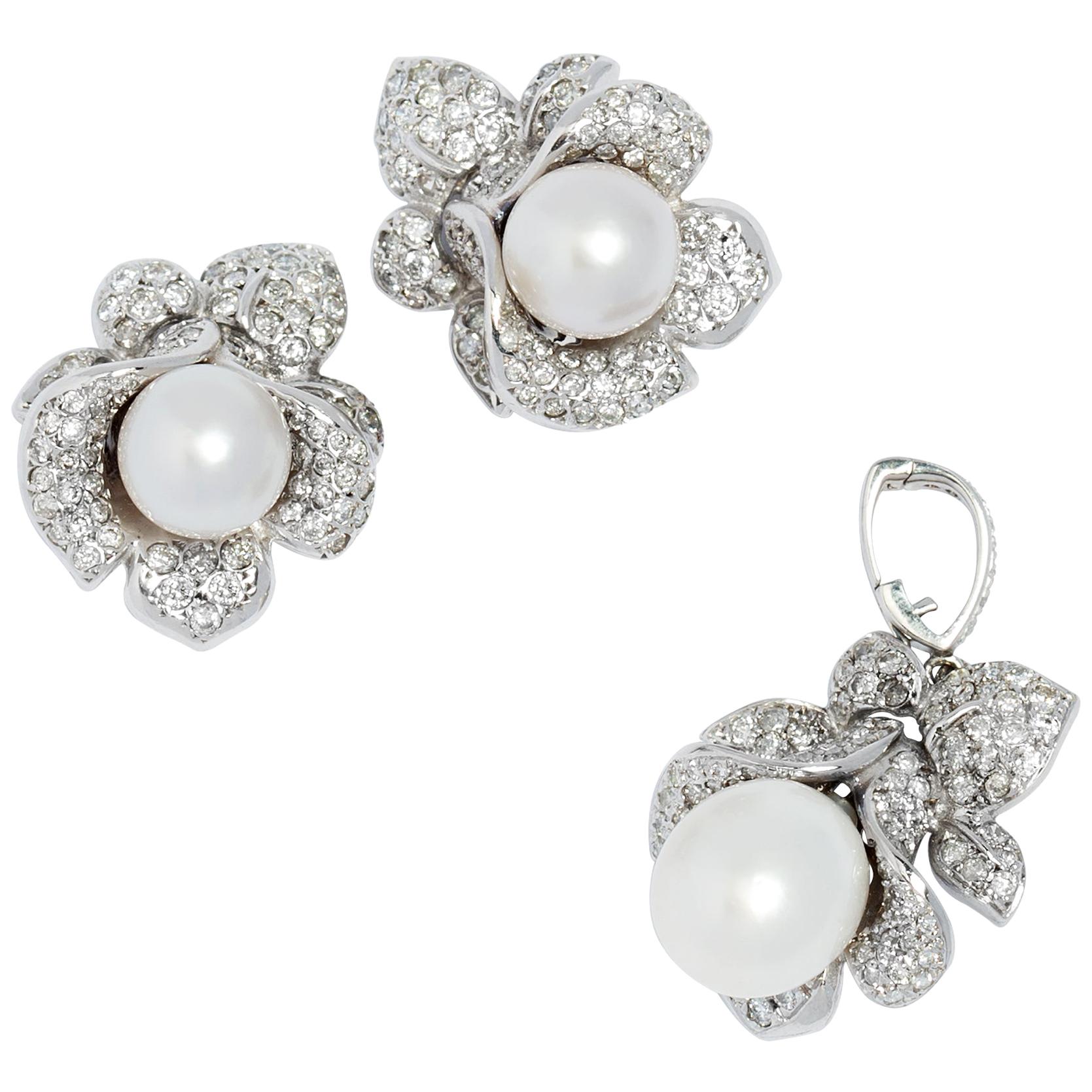 South Sea Pearl and Diamond Enhancer Pendant and Clip Earrings Set