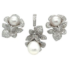 Retro South Sea Pearl and Diamond Enhancer Pendant and Clip Earrings Set