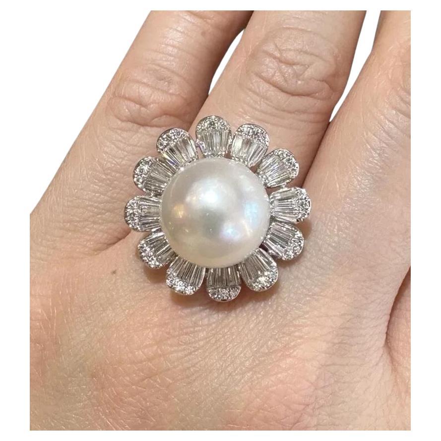 South Sea Pearl and Diamond Flower Ring in 18k White Gold