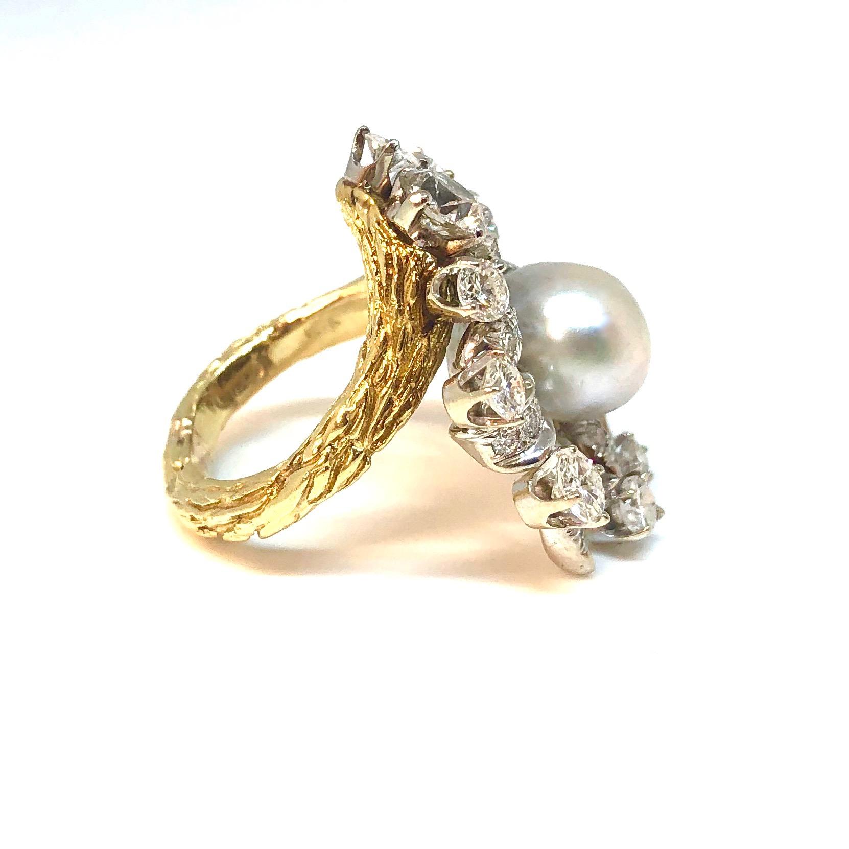 Women's South Sea Pearl and 2.2 Carats of Diamonds Gold Cocktail Ring For Sale