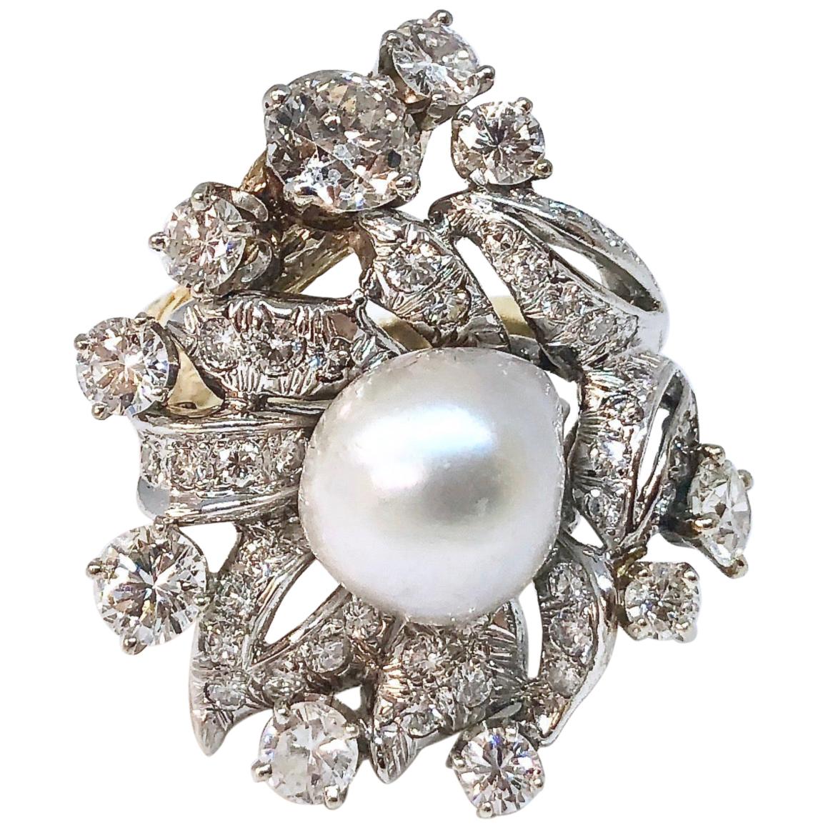 South Sea Pearl and 2.2 Carats of Diamonds Gold Cocktail Ring For Sale