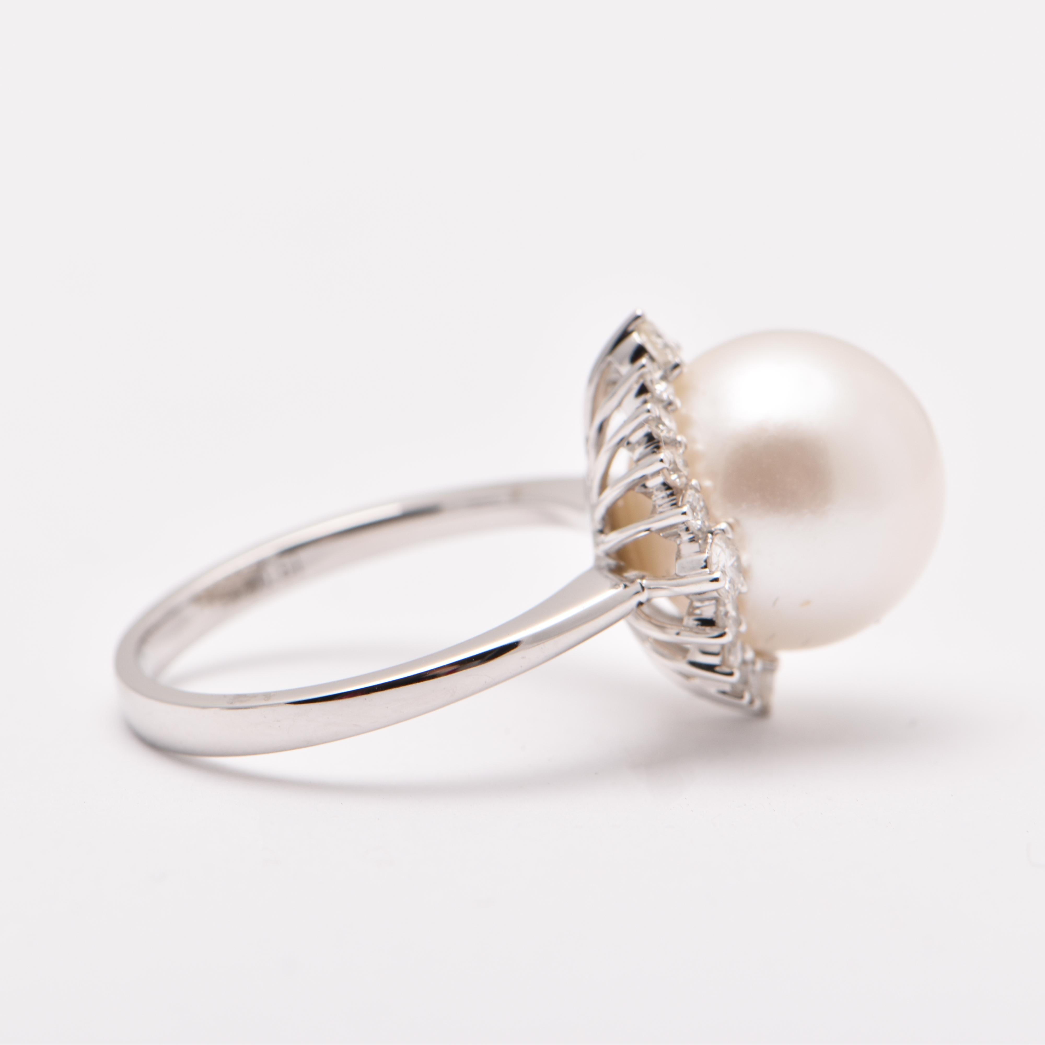 Round Cut South Sea Pearl and Diamond Halo Cocktail Ring in 18 Carat White Gold For Sale