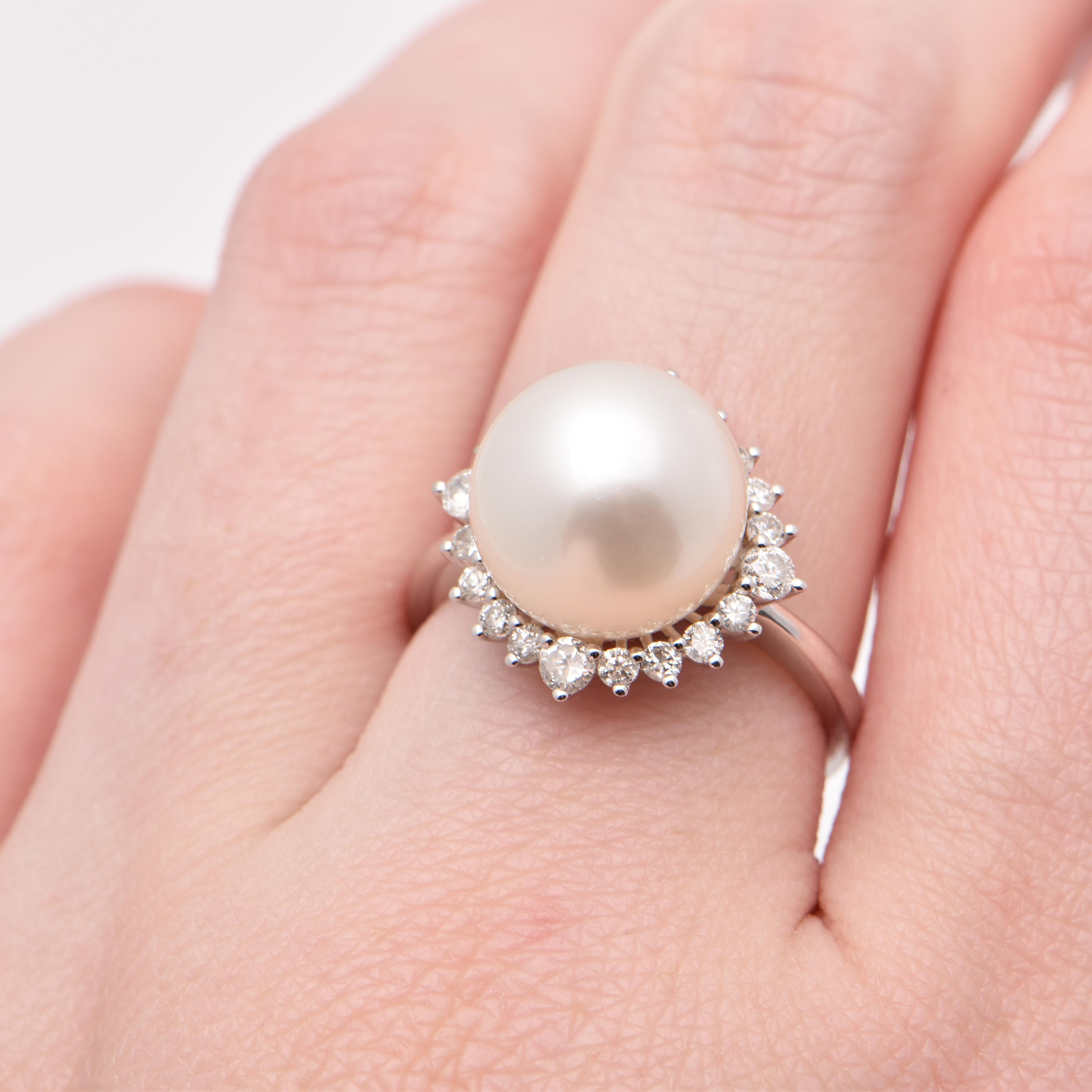 Women's South Sea Pearl and Diamond Halo Cocktail Ring in 18 Carat White Gold For Sale