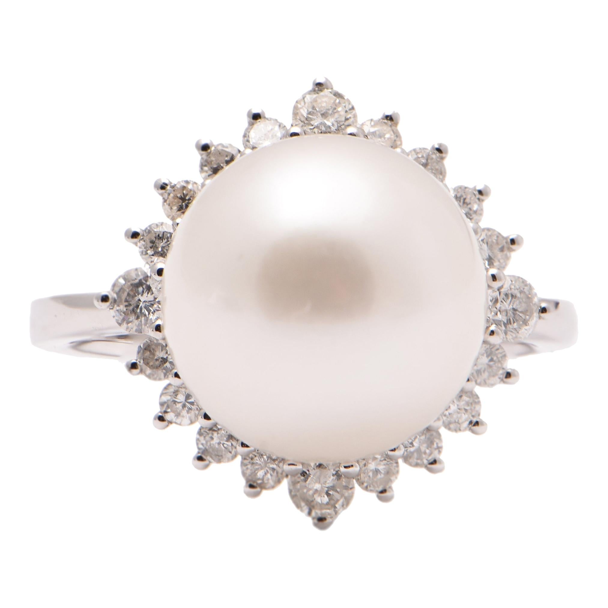 South Sea Pearl and Diamond Halo Cocktail Ring in 18 Carat White Gold For Sale