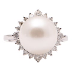 South Sea Pearl and Diamond Halo Cocktail Ring in 18 Carat White Gold
