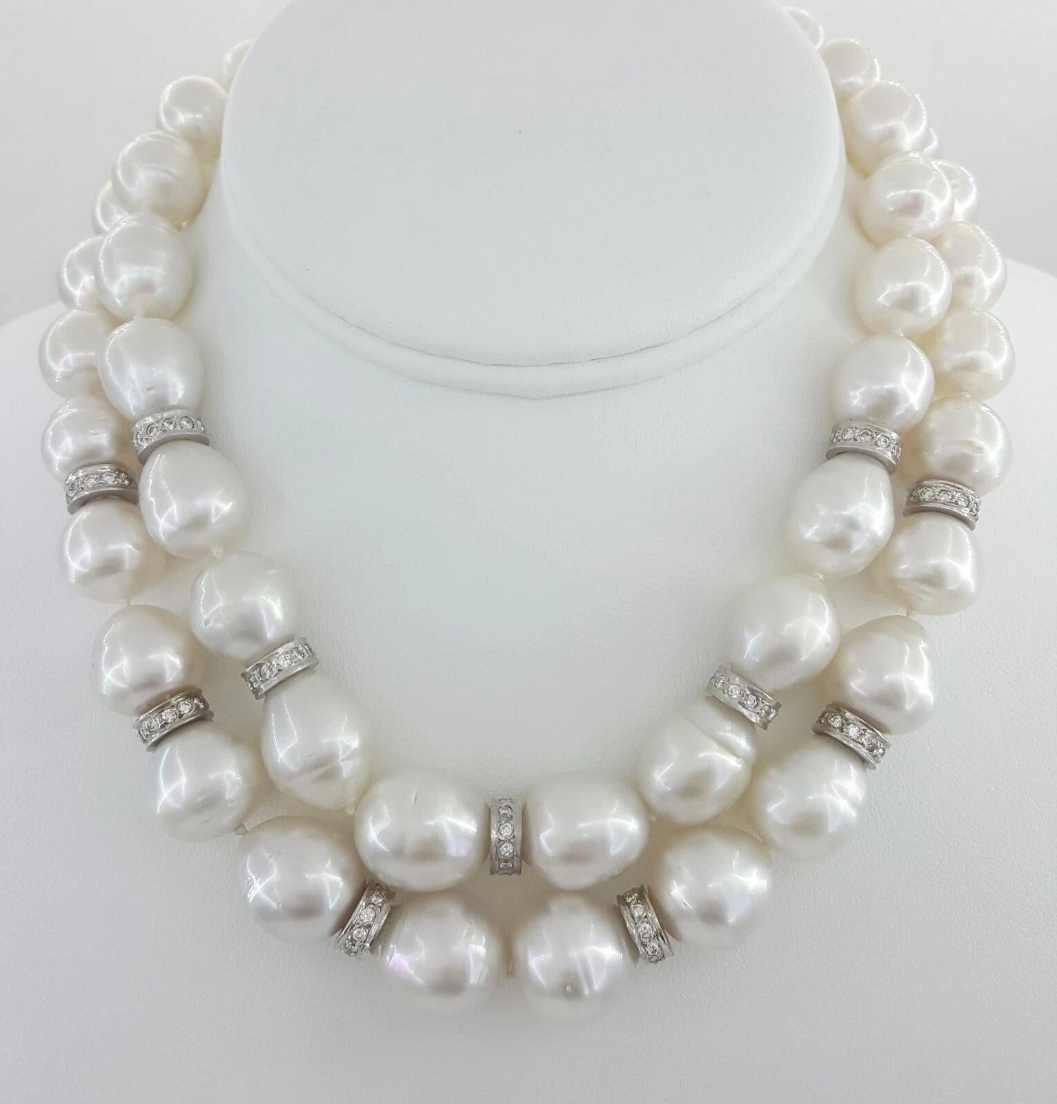 This stunning two-piece necklace set features a luxurious strand of South Sea pearls and brilliant-cut diamonds, all set in rich 18k white gold. The necklaces can be worn individually or layered together for a dramatic, elongated look.

Pearls: 51