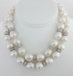South Sea Pearl and Diamond Necklace Set in 18 Karat White Gold, 31.5 Inches