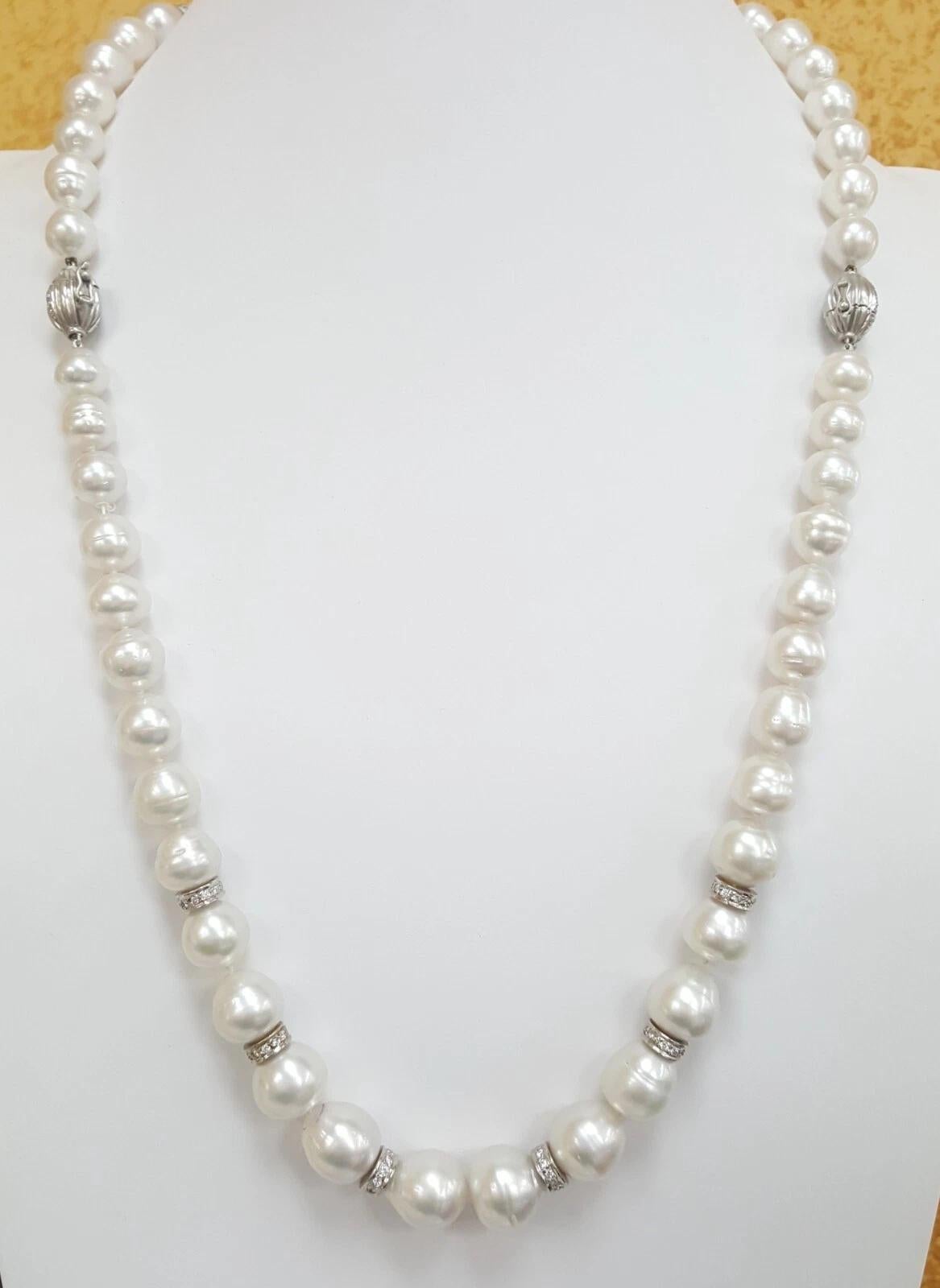 Bead South Sea Pearl and Diamond Necklace Set in 18 Karat White Gold, 31.5 Inches For Sale