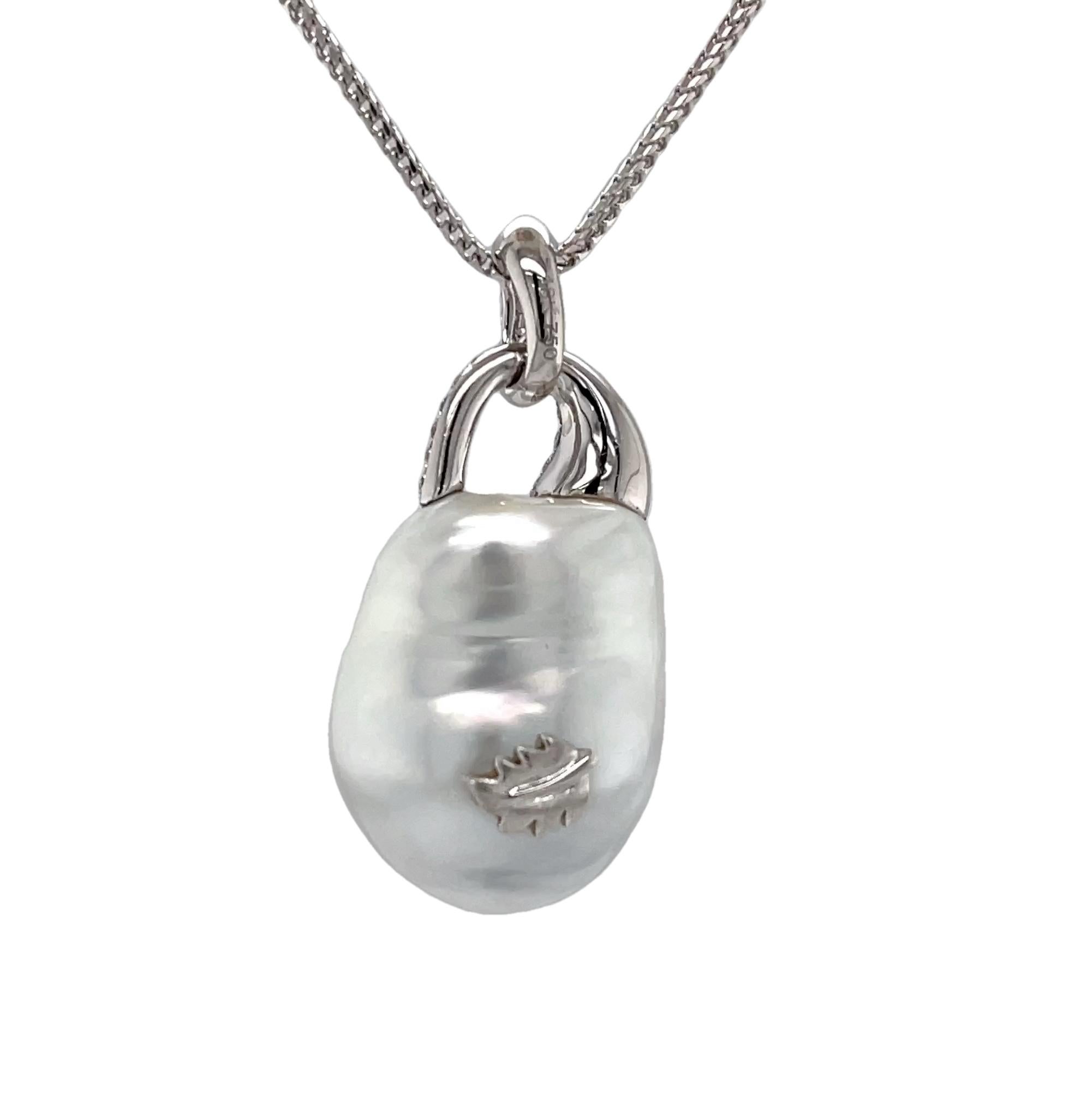 Artisan South Sea Pearl and Diamond Pendant Necklace in 18k White Gold For Sale