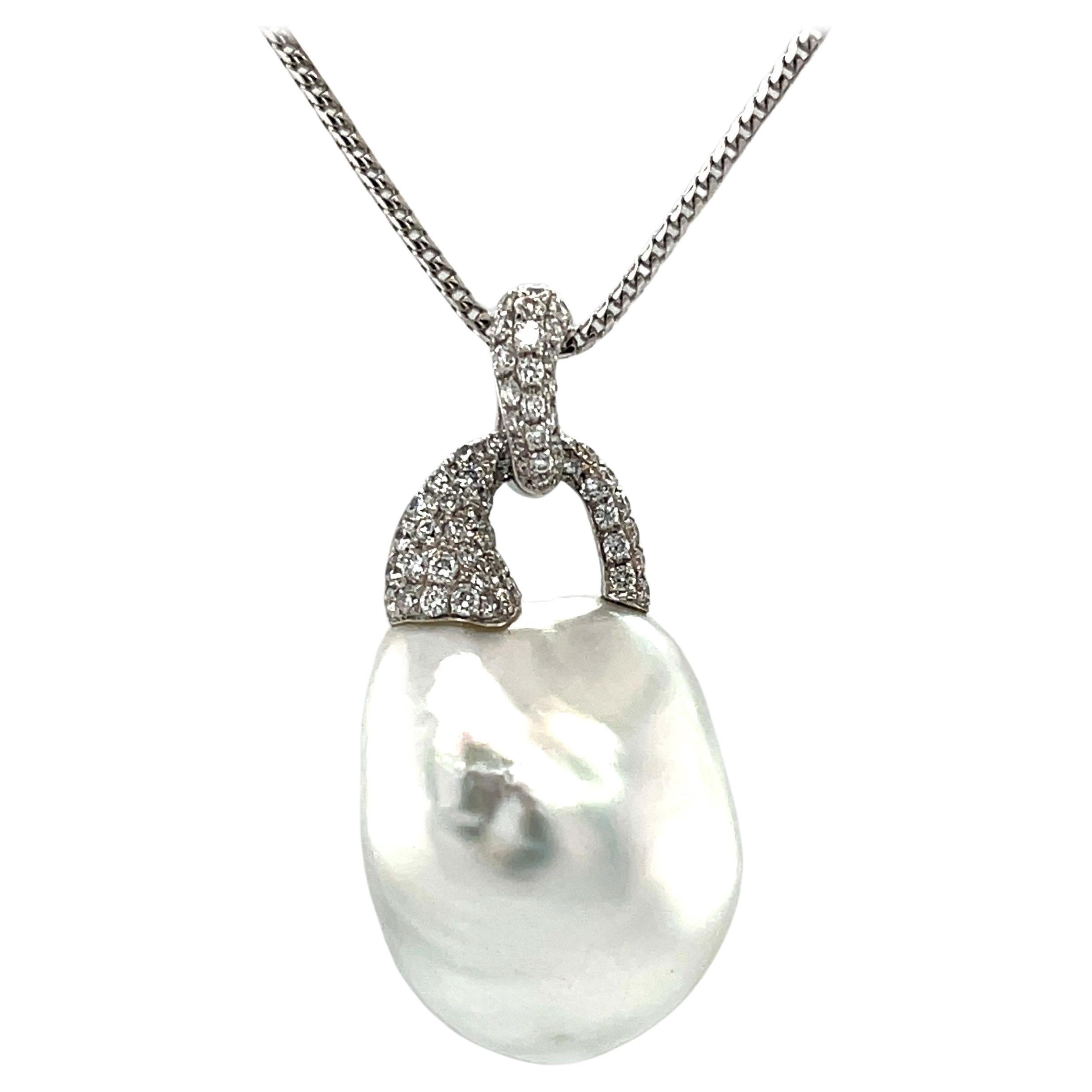 South Sea Pearl and Diamond Pendant Necklace in 18k White Gold