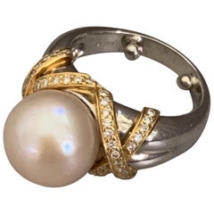 South Sea Pearl and Diamond Platinum and 18 Karat Yellow Gold Ring - Size 6