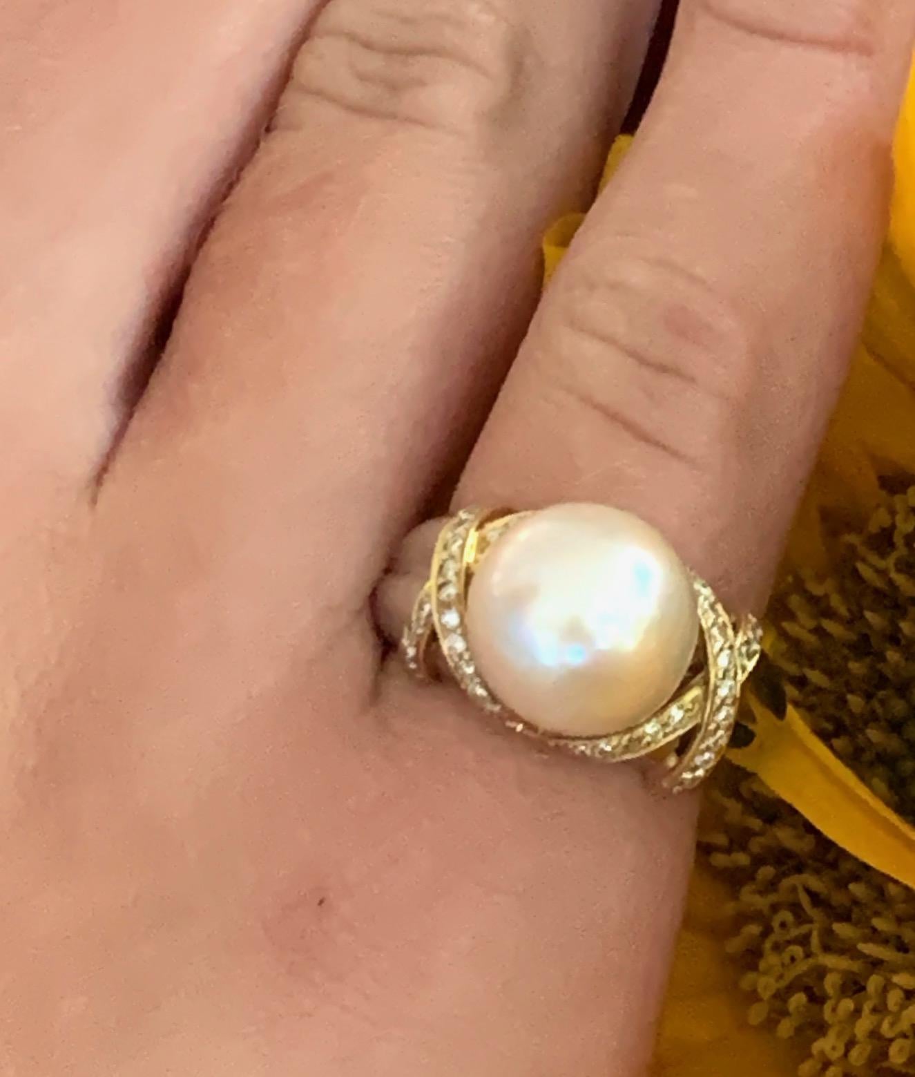 South Sea Pearl and Diamond Platinum and 18 Karat Yellow Gold Ring - Size 6 For Sale 3