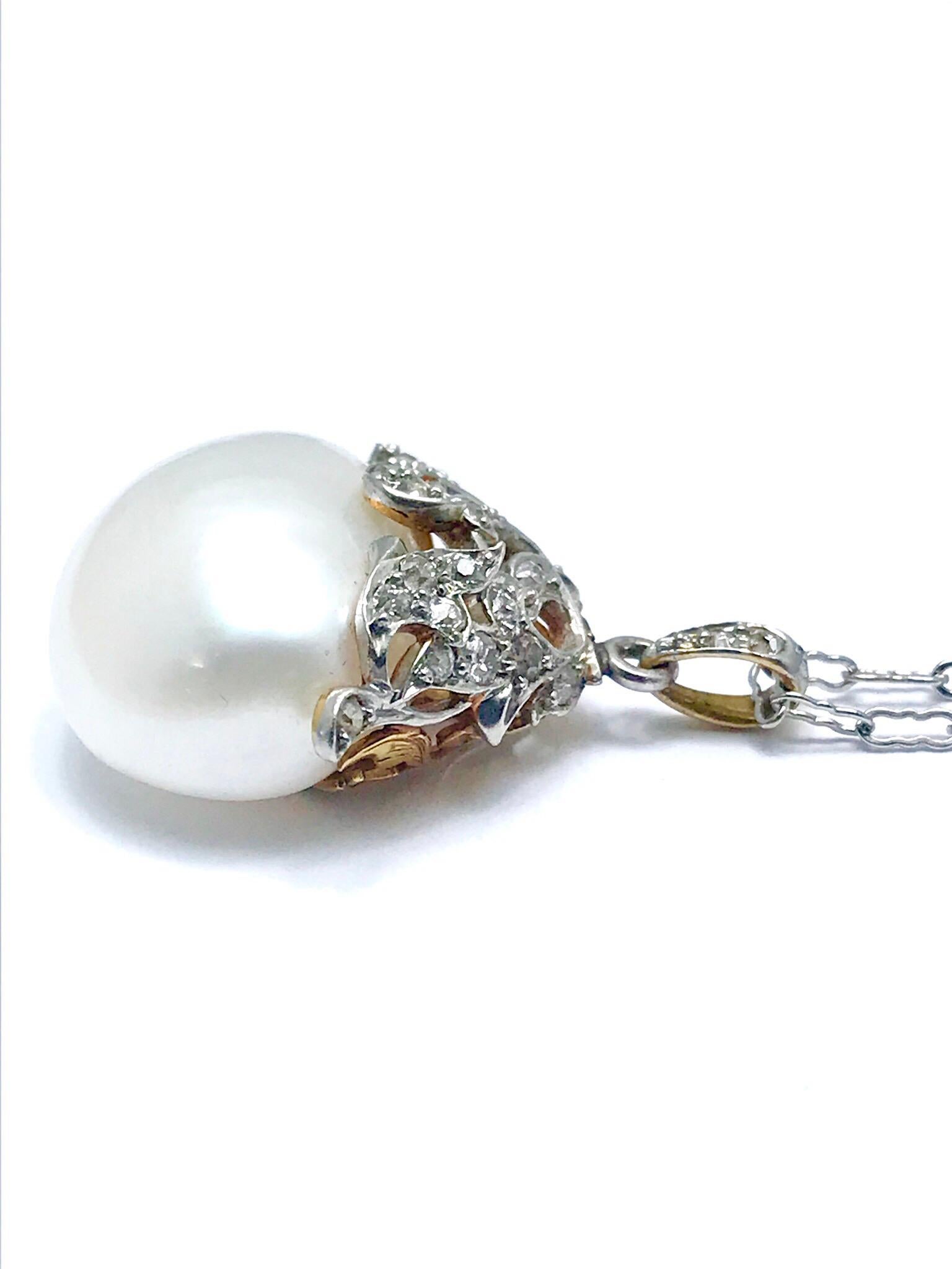 Round Cut South Sea Pearl and Diamond Platinum and Gold Pendant Necklace