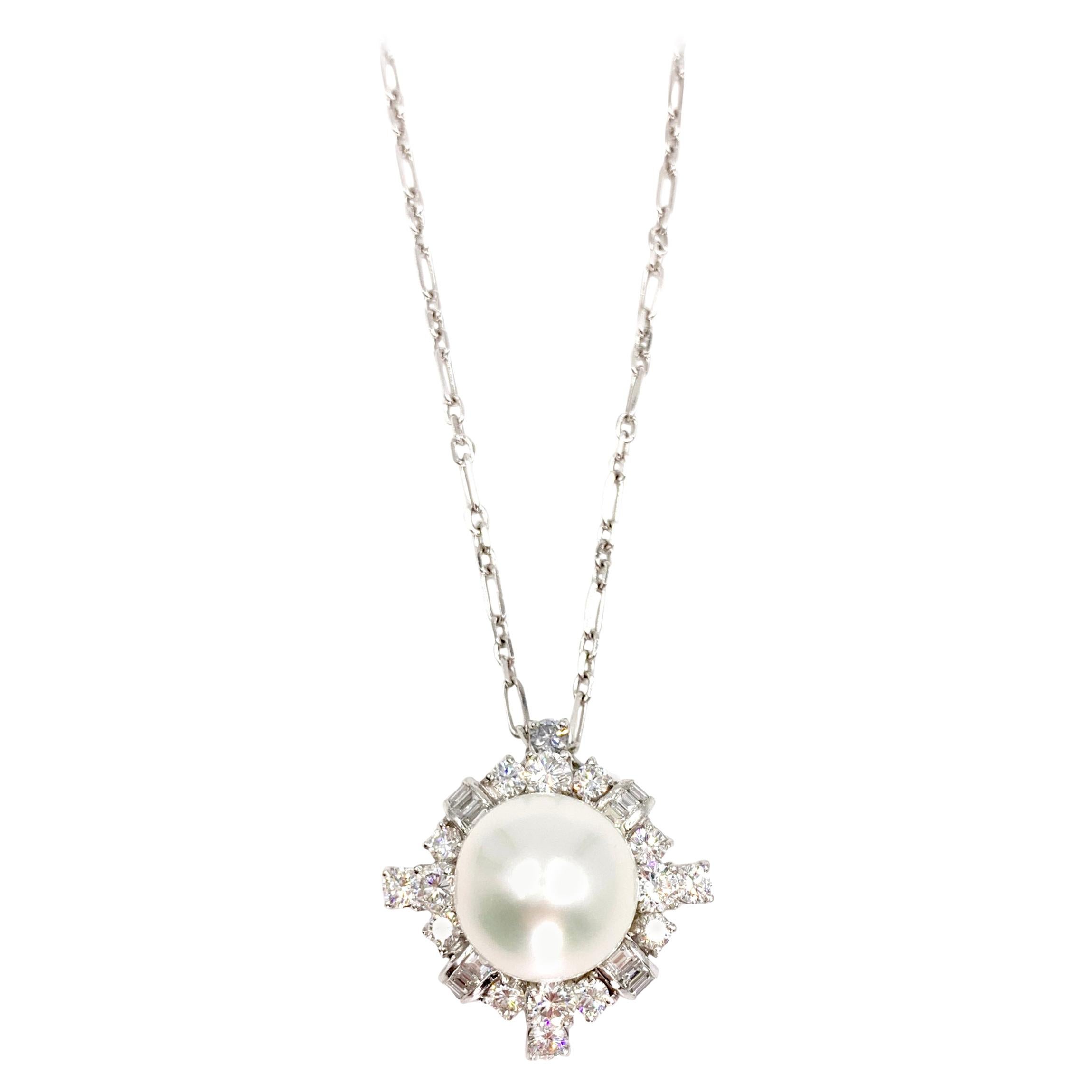 South Sea Pearl and Diamond Platinum Pendant Necklace