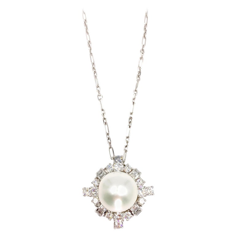 South Sea Pearl and Diamond Platinum Pendant Necklace at 1stDibs