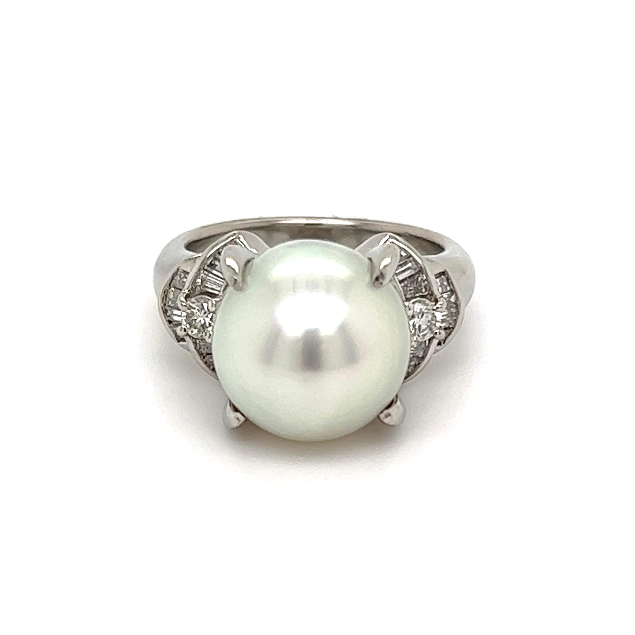 Modern South Sea Pearl and Diamond Platinum Ring Estate Fine Jewelry