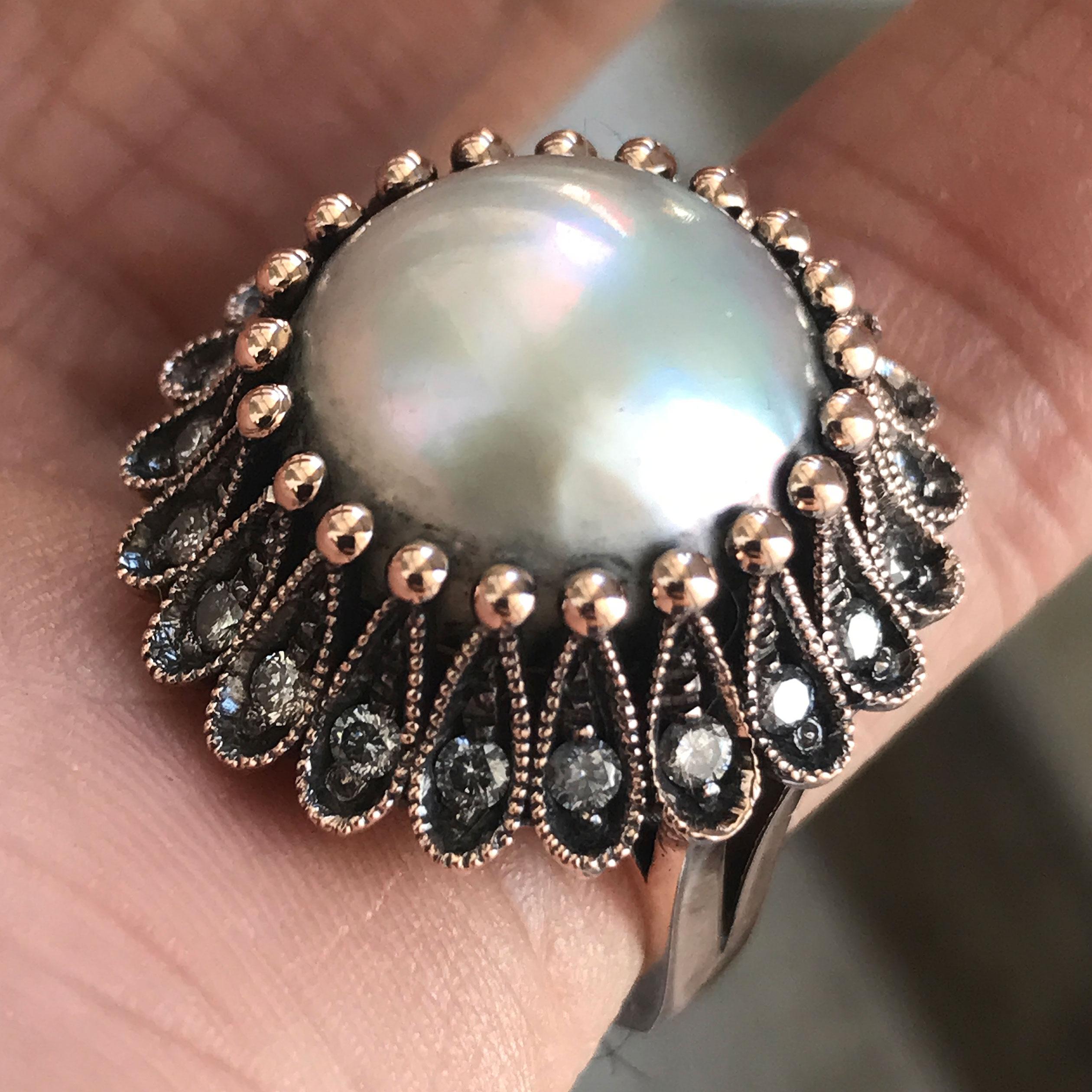 Modern South Sea Pearl and Diamond Ring, Black Rhodium, Rose Gold, Ben Dannie For Sale