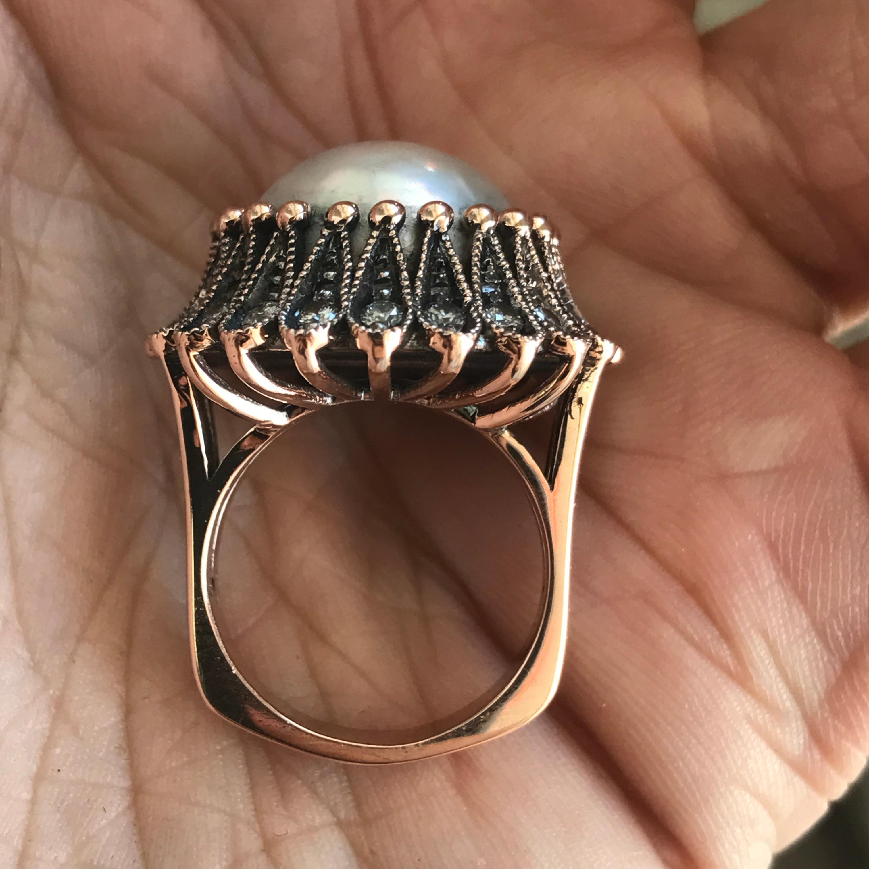 South Sea Pearl and Diamond Ring, Black Rhodium, Rose Gold, Ben Dannie In New Condition For Sale In West Hollywood, CA