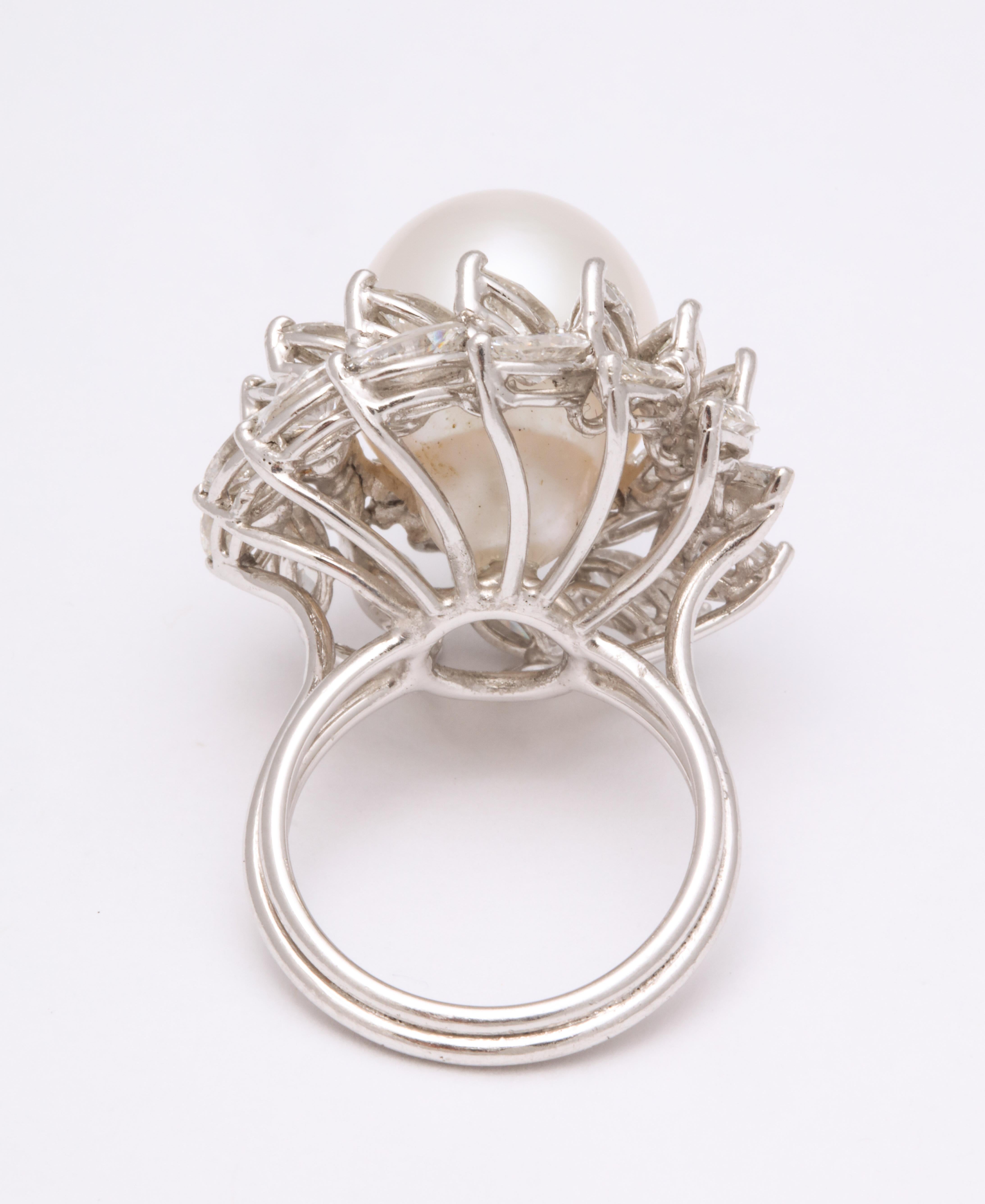 Marquise Cut South Sea Pearl and Diamond Ring For Sale