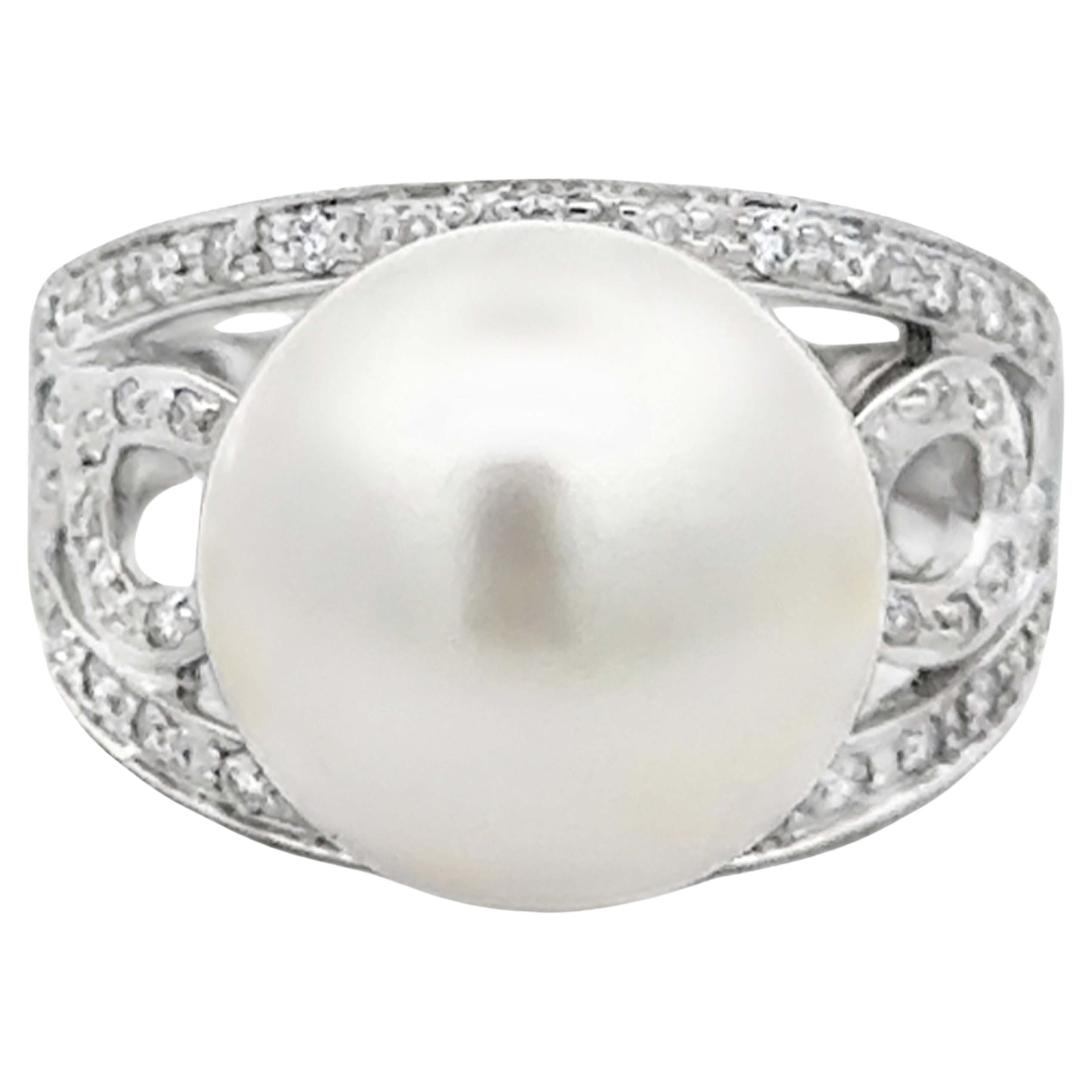 South Sea Pearl and Diamond Swirl Shoulders Ring 14k White Gold