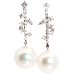 South Sea Pearl and Diamond Vintage Drop Style Earrings in 18 Carat White Gold